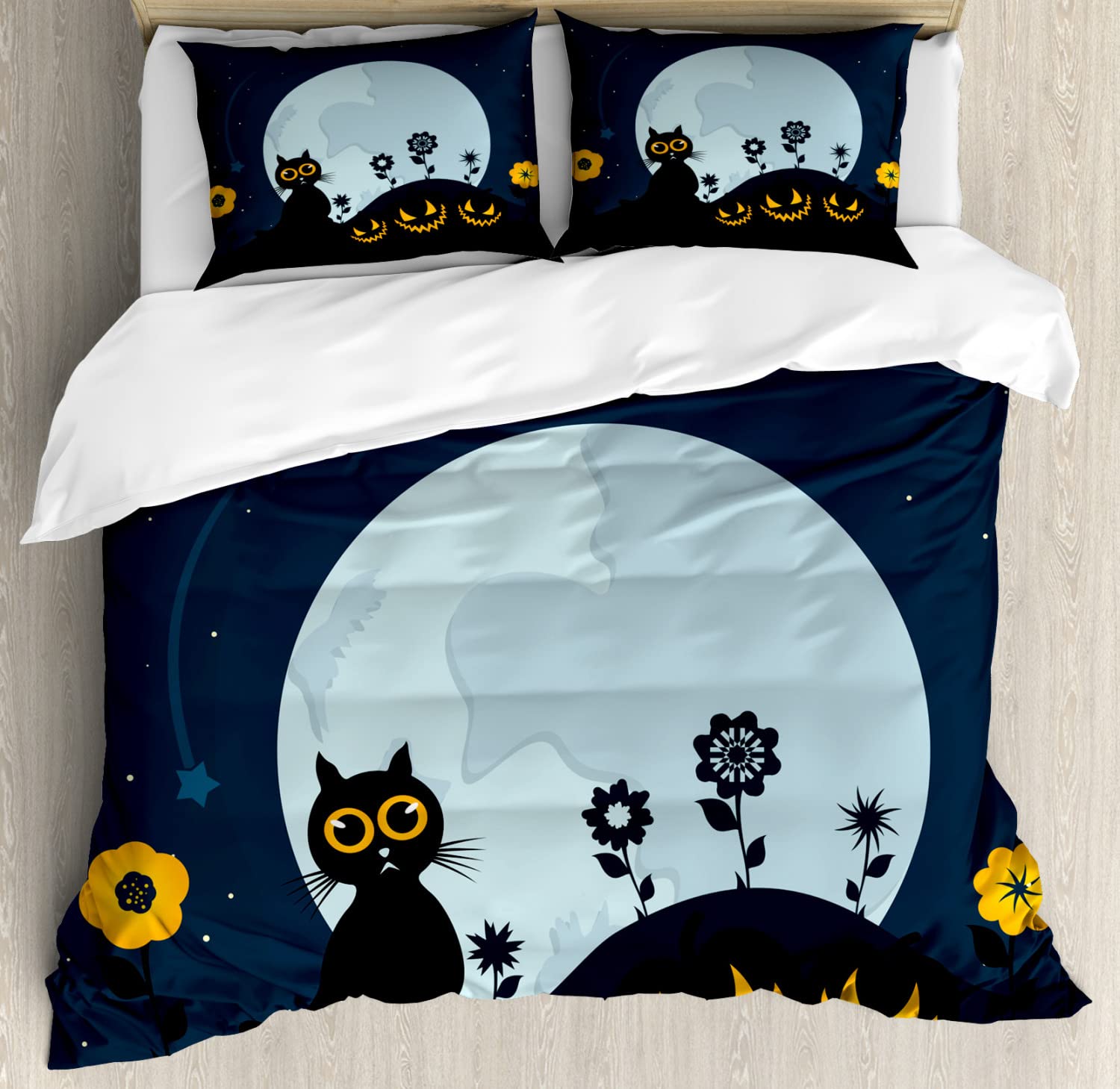 Ambesonne Halloween Duvet Cover Set - Cat & Jack-o'-Lantern Moon Floral Field Starry Night Sky Design | 2-Piece King Size Bedding Set with 4 Pillowcases | Black & Blue Cartoon Art Print | Perfect for Spooky Bedroom Decor & Holiday Themed Guest Rooms
