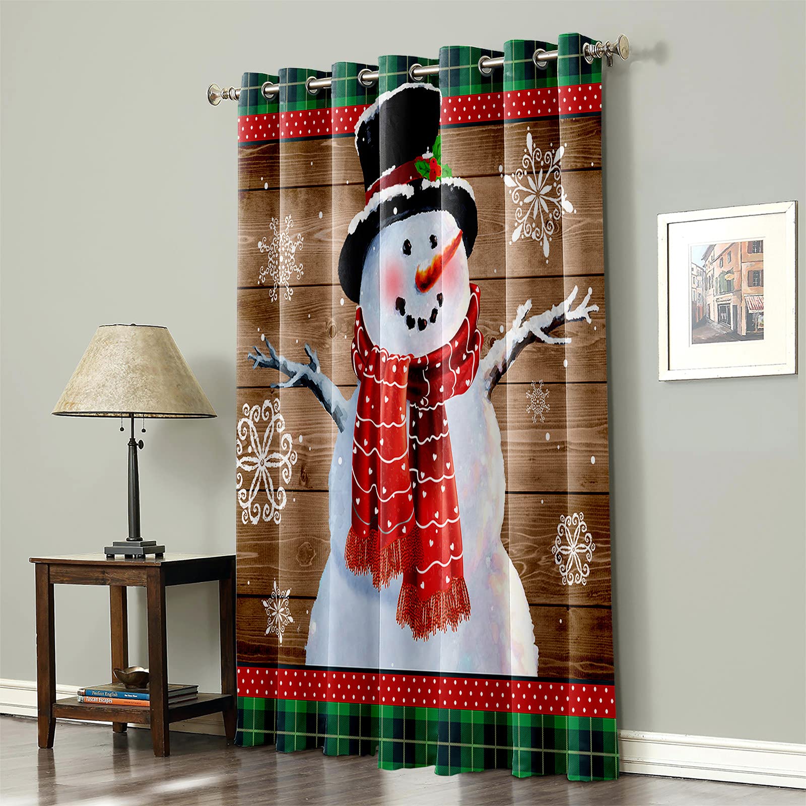 Blackout Thermal Insulated Room Darkening Curtains - Cute Snowman with Scarf & Hat, Snowflake Retro Wood Grain Green Plaid Grommet Window Curtains for Bedroom, Living Room | Christmas Home Decor & Wall Decoration