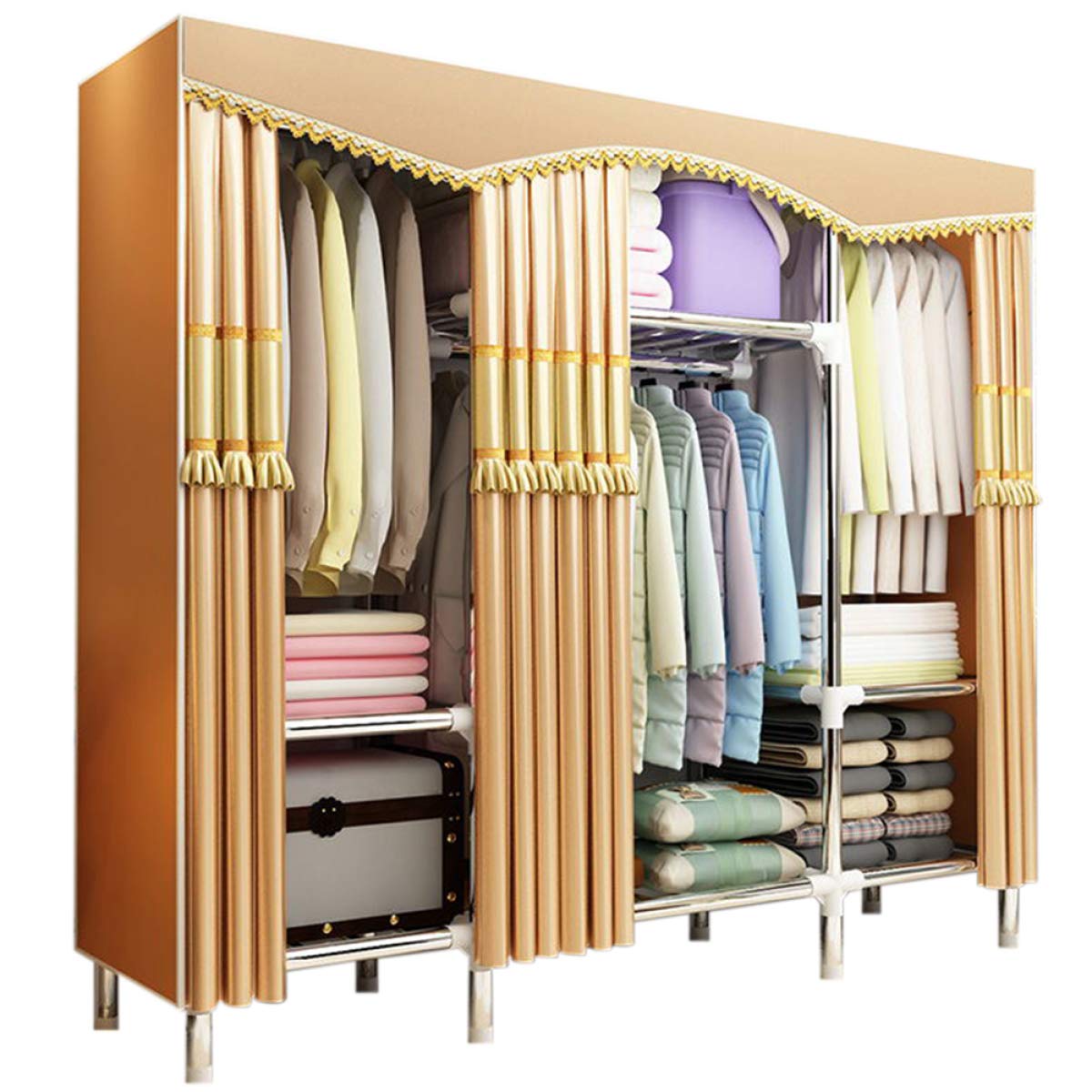 BYCDD Portable Cloth Wardrobe - Steel Frame Hanging Closet Organizer with Adjustable Shelves for Extra Storage (Gold, 66