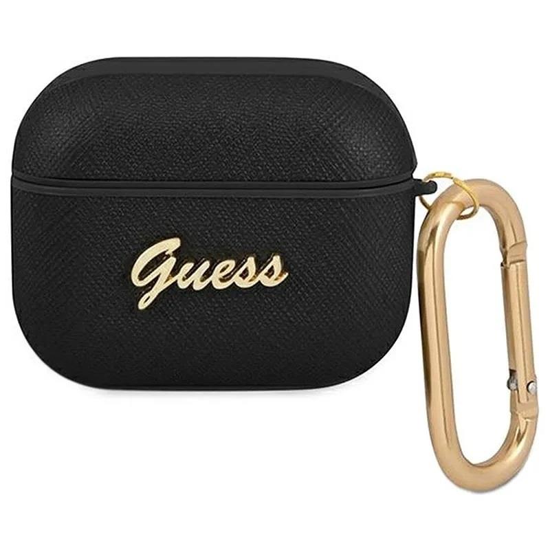 Guess Script Metal Collection Case for AirPods 3 - Black Saffiano Leather Protective Cover with Magnetic Closure | Compatible with AirPods 3rd Generation | Perfect for Travel, Work & Daily Use