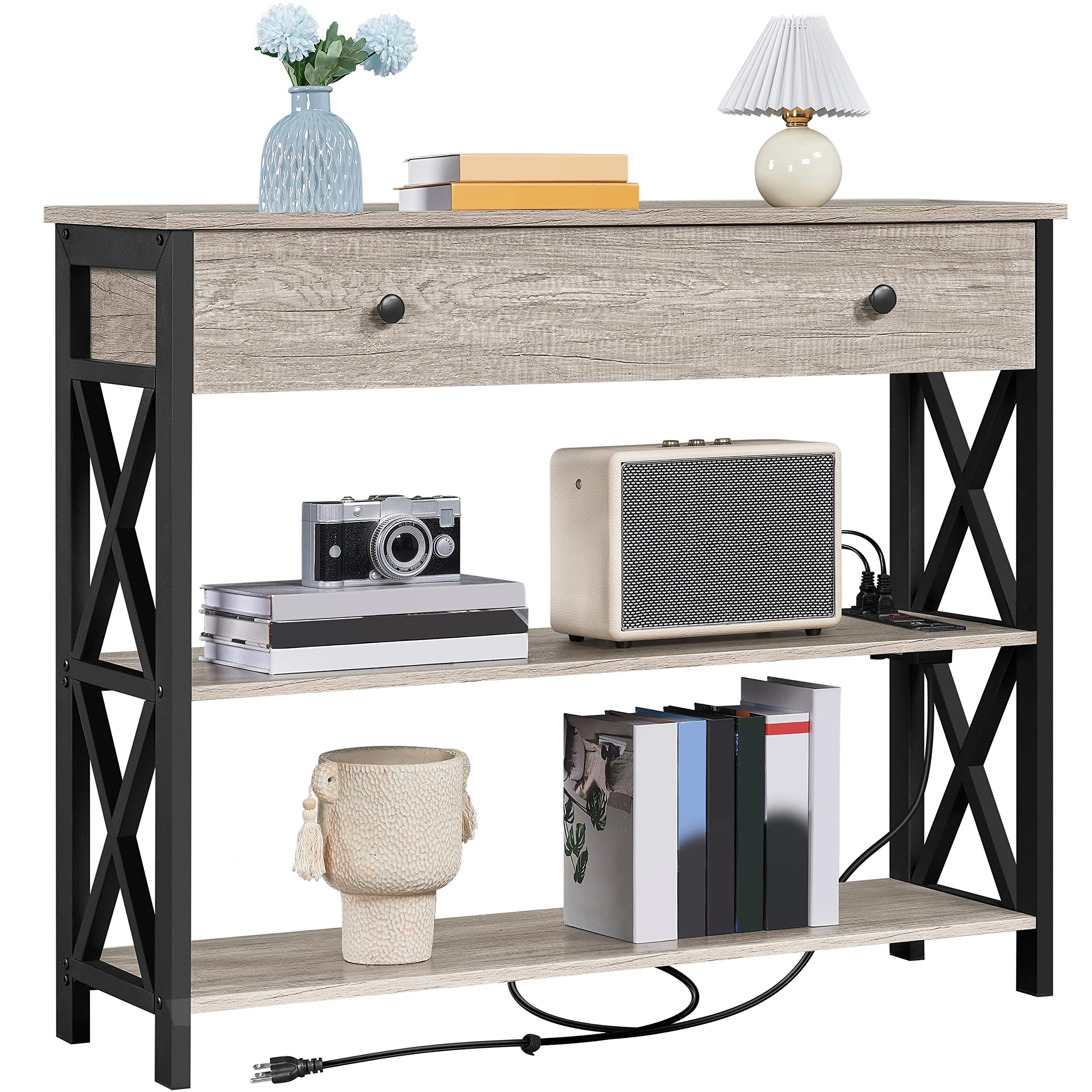 Yaheetech 40'' Industrial Console Table with Power Outlets & USB Ports - Entryway Sofa Table with Drawer, Open Shelves & Metal Frame for Living Room, Hallway, Bedroom - Modern Narrow Side Table for Charging Devices & Home Decor (Gray)