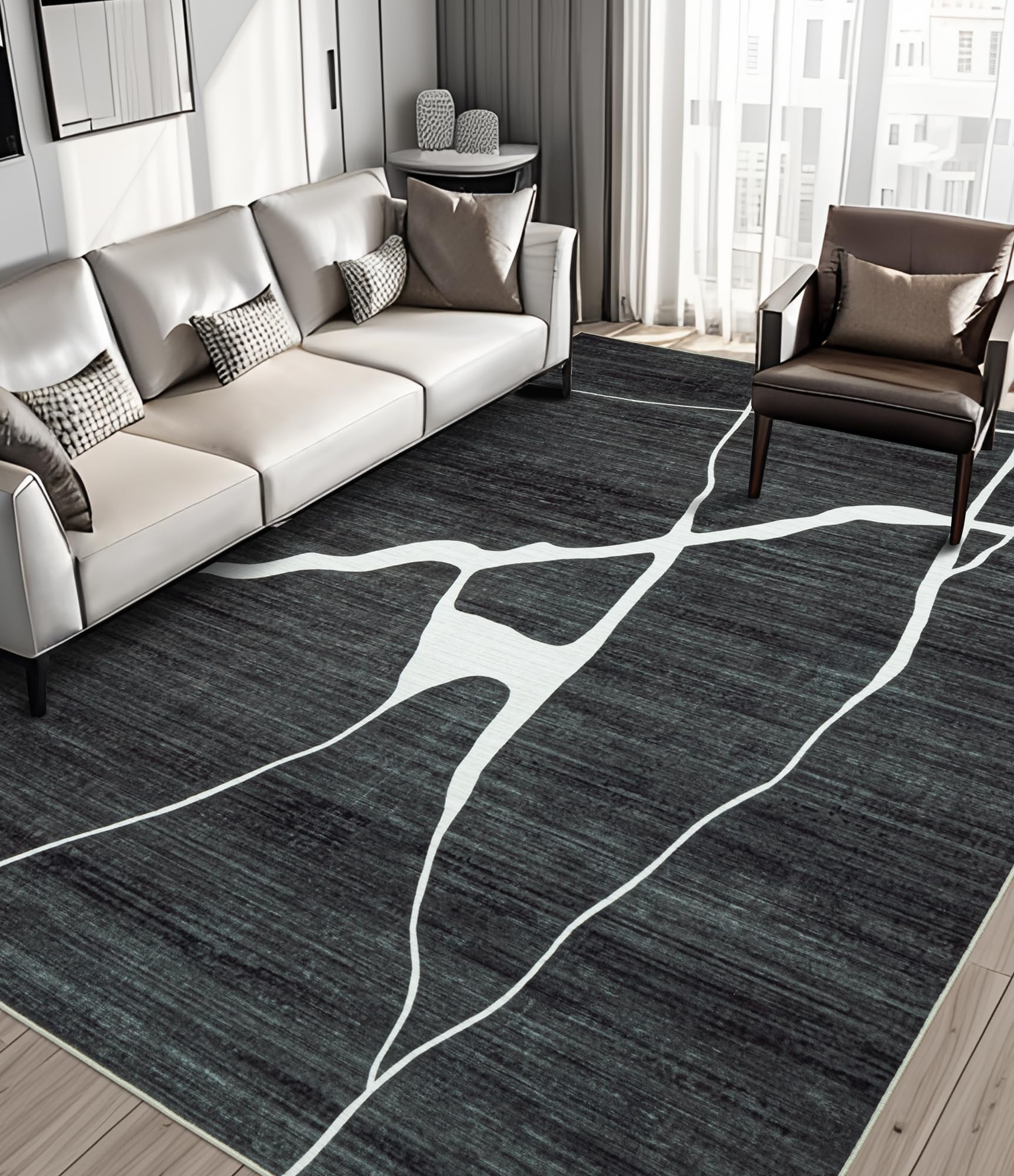 YIHOUSE Abstract Washable 6x9 Feet Ultra-Thin Non-Slip Rug - Modern Black and White Striped Minimalist Design for Living Room, Bedroom, Dining Room, Office & Playroom - Soft Floor Mat for Home Decor (6'x9', Black)