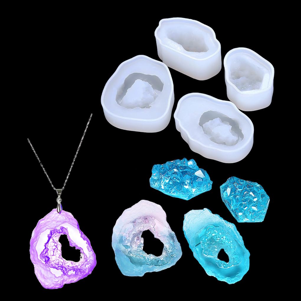FineInno 4PCS Crystal Cluster Resin Molds - Small Quartz Silicone Molds for Epoxy Resin Casting, DIY Jewelry Making, Pendant Craft - Perfect for Home Decor, Gift Making & Geode Art Projects