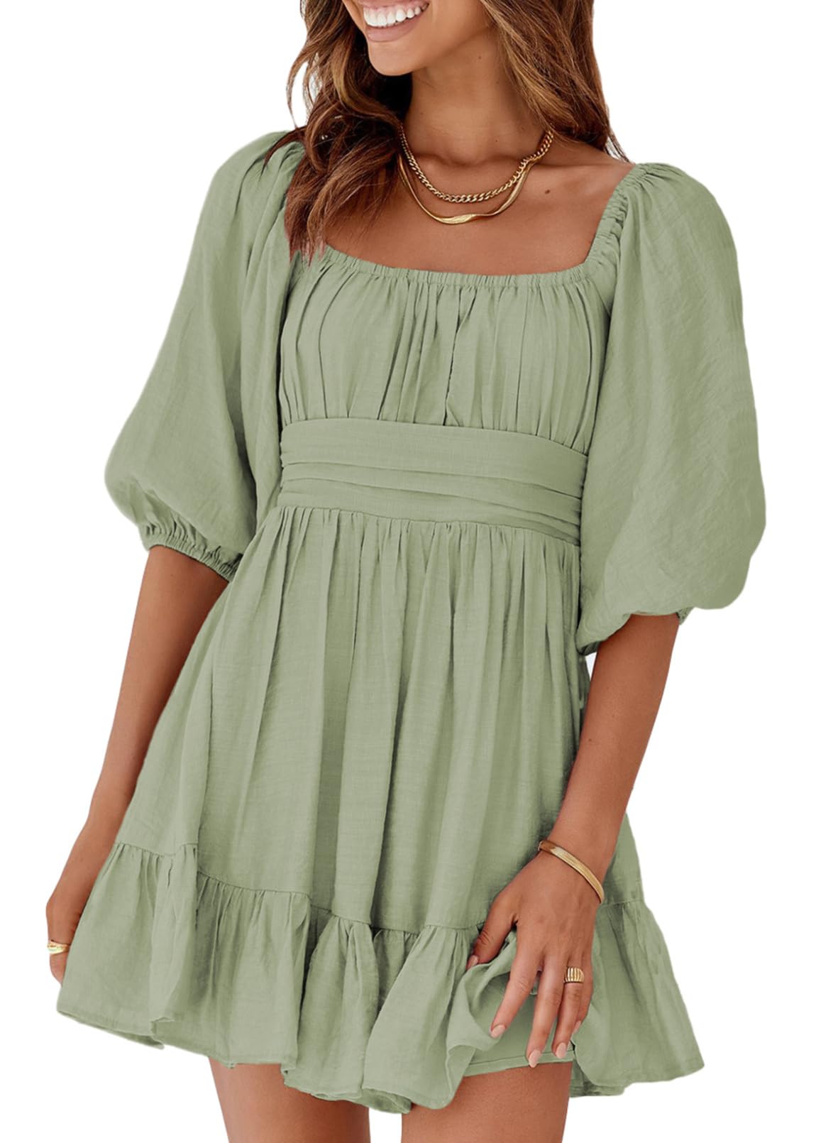 Dokotoo Women's Summer Dress - Square Neck, Tie Back, Lantern Sleeve, Ruffle A-Line Casual Sundress for Beach, Vacation & Outdoor Parties
