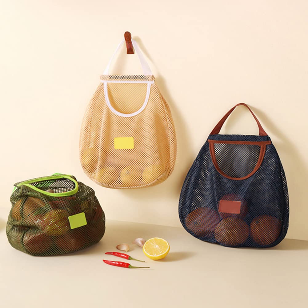 HJK 3-Pack Reusable Mesh Produce Bags for Fruits & Vegetables - Washable, Foldable Hanging Storage Organizer | Perfect for Kitchen, Grocery Shopping & Farmers Market