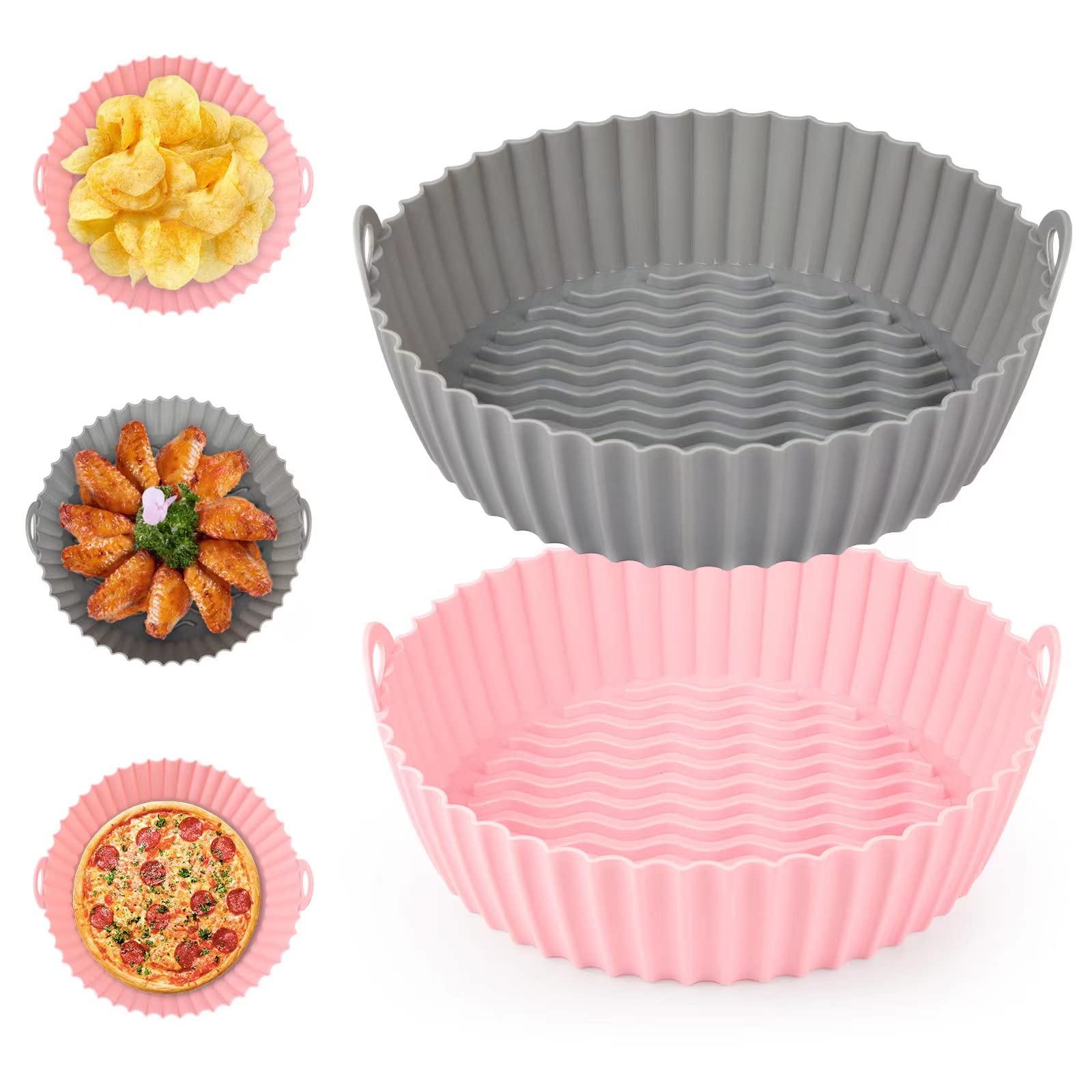 Boribim 2-Pack 7.5 Inch Round Silicone Air Fryer Liners - Reusable Non-Stick Basket for 3-5 QT Air Fryers - Food Grade Baking Tray Accessories (Grey & Pink) - Perfect for Roasting, Baking & Frying Vegetables, Chicken & Snacks