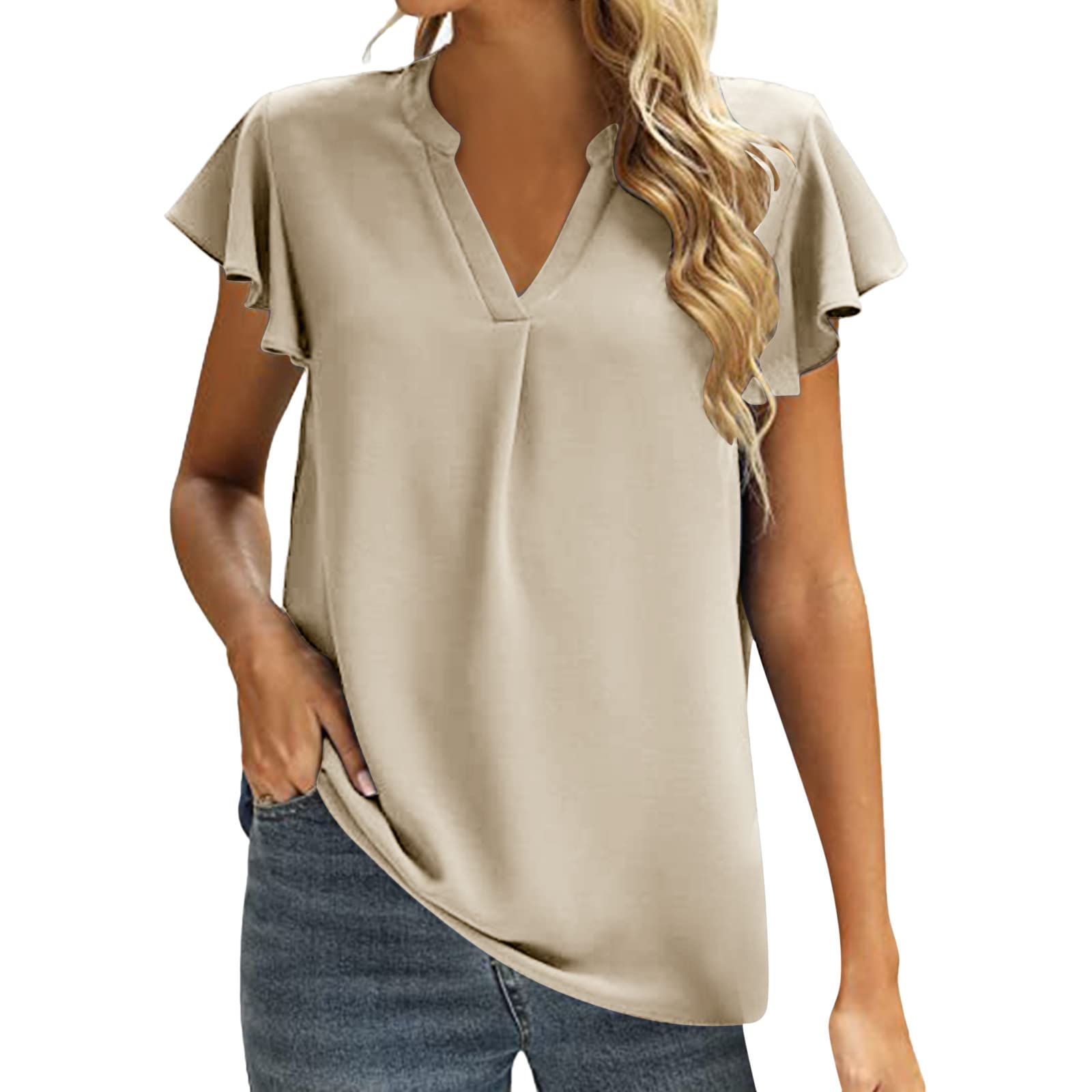 Women's Summer Casual V-Neck Chiffon Blouse - Loose Tunic Top with Short Sleeves & Split Design in White | Perfect for Office Wear, Date Nights & Summer Outfits