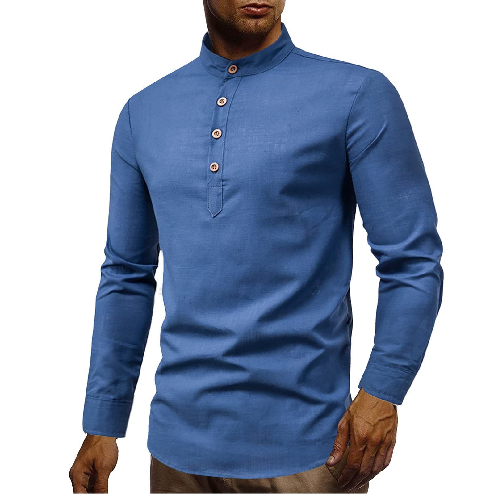 Stylish NEGJ & Casual Solid Color Linen Stand Collar Long Sleeve Cotton Men's Shirt - Breathable Microfiber Tee for Work, Travel & Everyday Wear