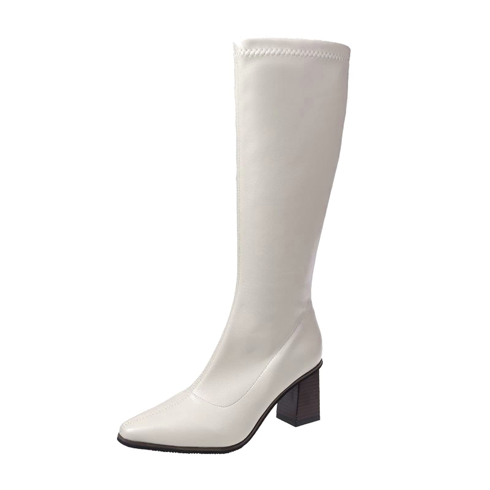 Women's Round Toe Knee High Combat Boots - Breathable Solid Black High Heel Fashion Boots for Everyday Wear, Office & Night Out
