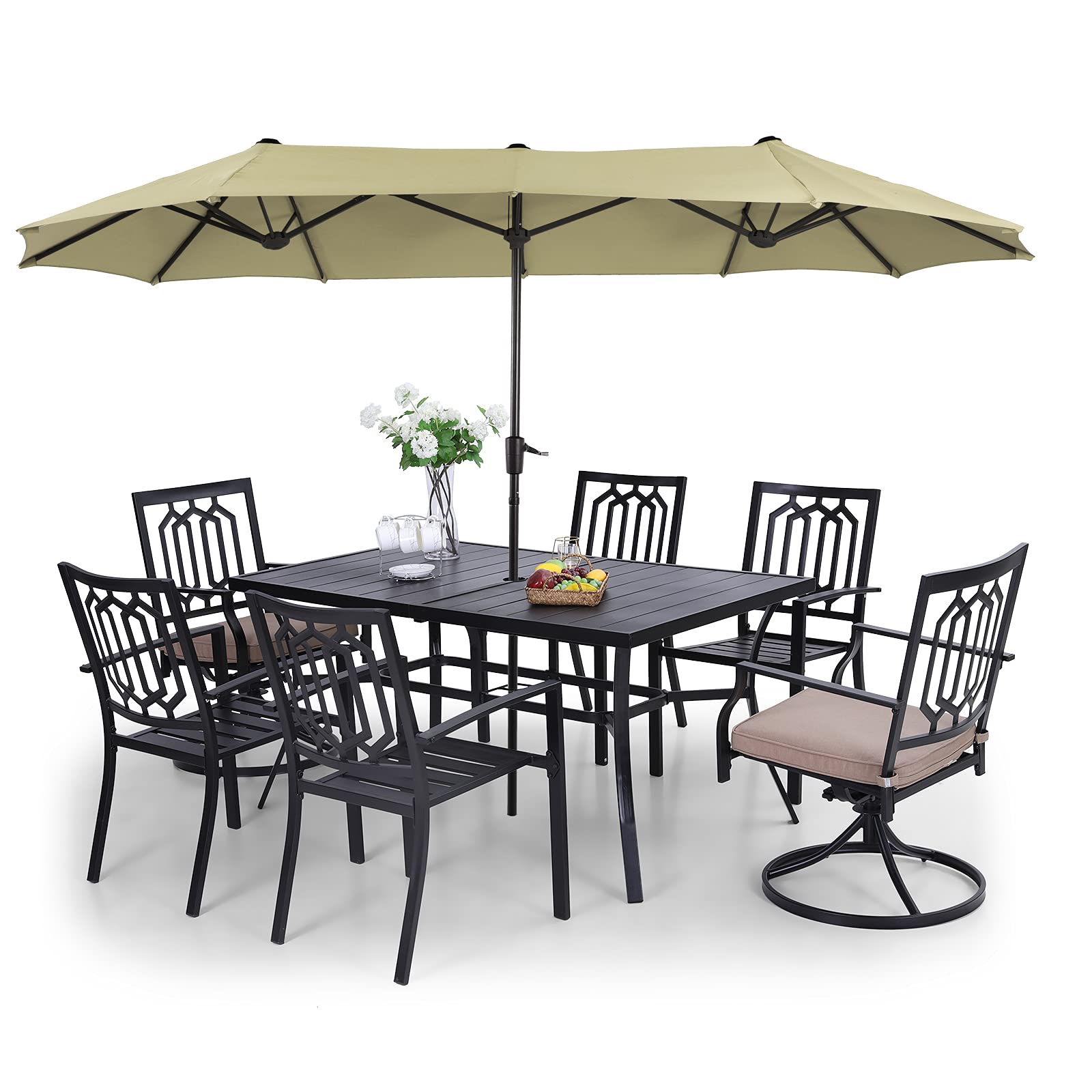 MFSTUDIO 8-Piece Outdoor Patio Dining Set with 4 Stackable Chairs, 2 Swivel Chairs, Rectangular Metal Table & 13ft Beige Umbrella (Base Not Included) - Perfect for Backyard BBQs, Poolside Gatherings & Garden Entertaining
