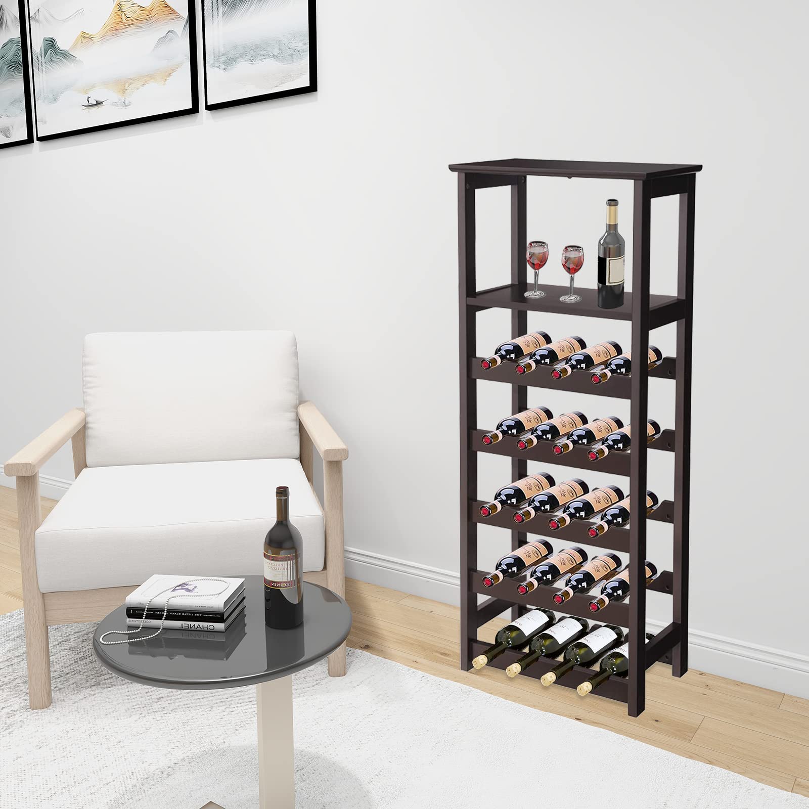 MengK Wooden Wine Rack - Free Standing 20 Bottle Capacity Wine Holder with Glass Storage, Stackable Display Shelf for Kitchen, Dining Room or Bar - Natural Brown Finish