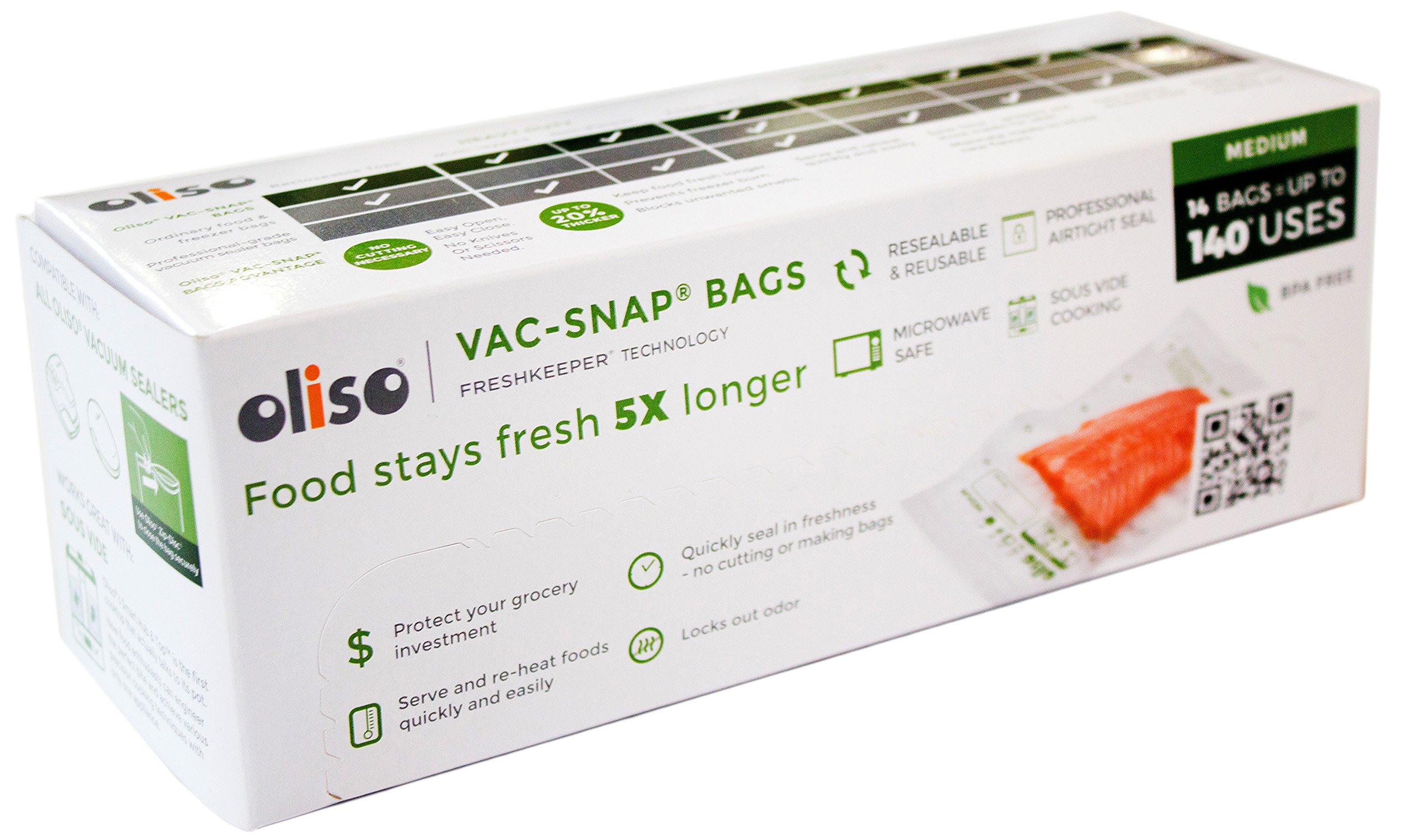 Oliso Pro VAC-SNAP Vacuum Sealer Bags - Medium 1 Quart (14 Count) - Airtight Food Storage for Sous Vide, Meal Prep & Freezer Organization