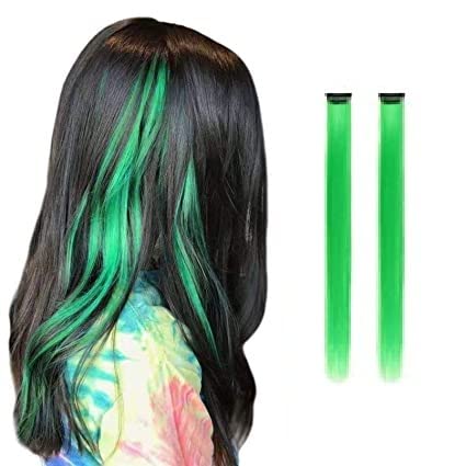 BOXO Set of 2 Clip-in Hair Extensions - Green Colored Strips for Women & Girls | Easy to Use Hair Highlights for Parties, Cosplay & Daily Styling