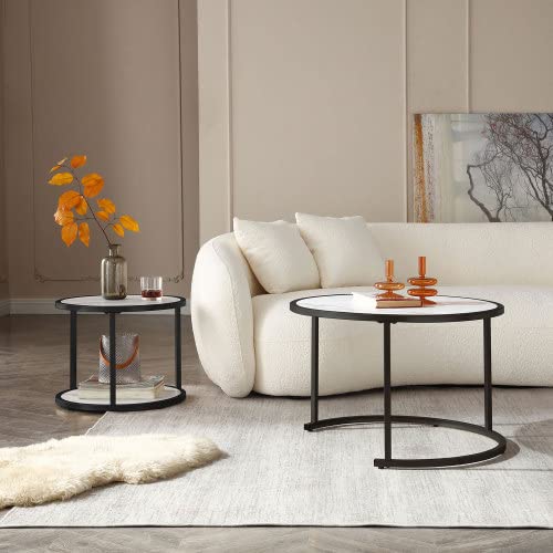 Modern Round Wood Nesting Coffee Table Set of 2 with Marble Pattern & Metal Frame - Sofa Table with Open Shelf for Living Room, Apartment & Home Office - Perfect for Small Spaces & Contemporary Decor (White)