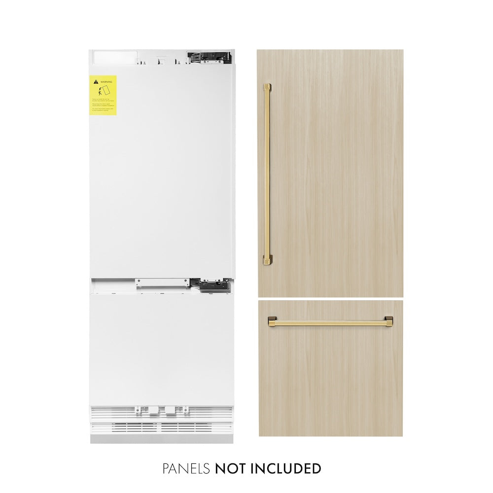 ZLINE Autograph Edition 30 Inch Panel Ready Built-In Bottom Freezer Refrigerator - 16.1 cu.ft Capacity with Water Dispenser & Ice Maker - Polished Gold Accents (RBIVZ 30 G) - Perfect for Modern Kitchens, Open Concept Homes & Luxury Appliances