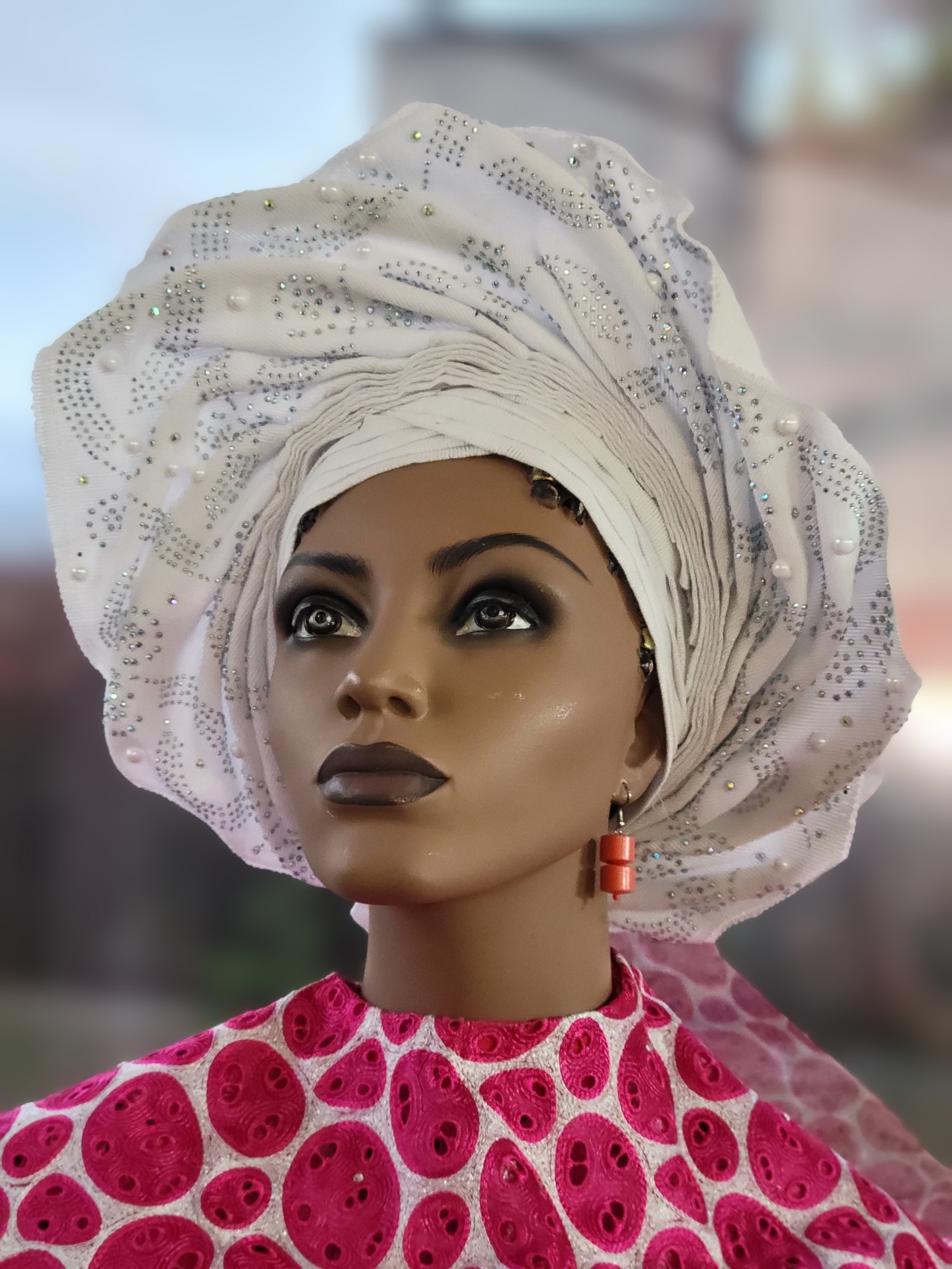 Pre-Tied White Aso Oke Autogele Ready Gele Headwrap - Nigerian Traditional Headpiece for Weddings, Parties & Special Occasions | DPAAG01
