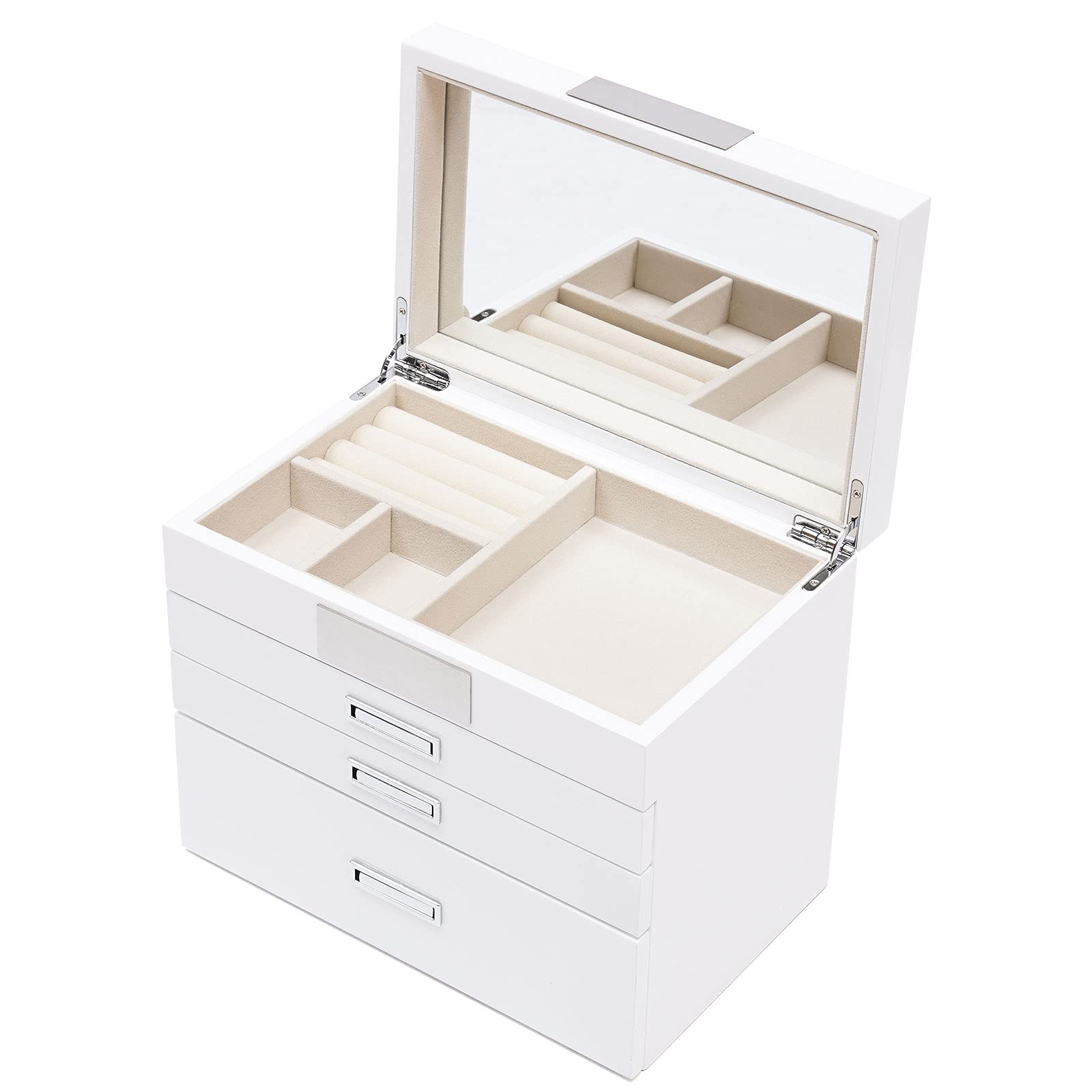 Wooden Jewelry Storage Box with Mirror - Large Jewelry Organizer for Necklaces, Rings, Earrings & Watches - White Wood Grain (US Stock) - Perfect for Bedroom Vanity, Travel & Gift Giving