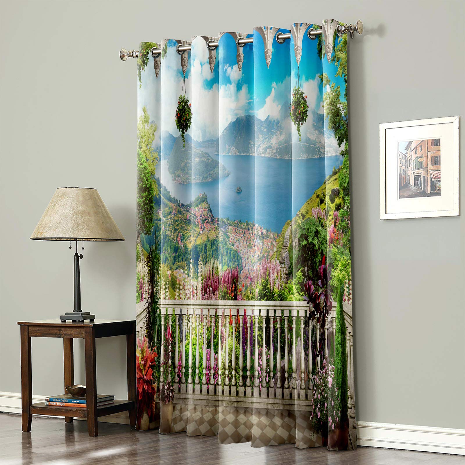 Blackout Curtains for Bedroom - Sea Flowers Under Blue Sky Room Darkening Window Curtains with Grommet Top, Ultra Soft Fabric, 54x45 Inch - Perfect for Nursery, Living Room & Home Decor (Fantasy Balcony Design)