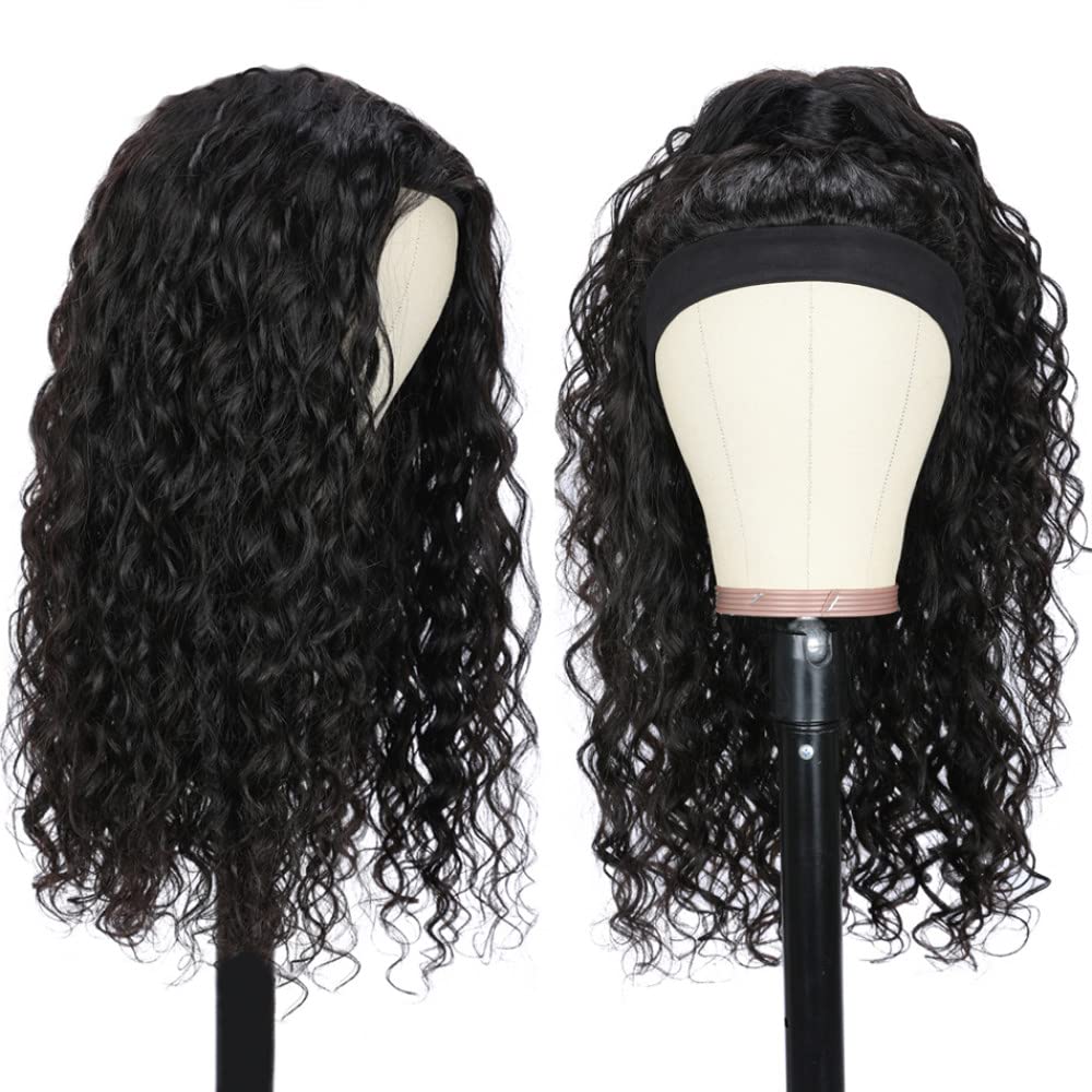 MMED Water Wave Headband Wig - 18 Inch Human Hair No Glue Glueless Wig | Beginner Friendly Scarf Wig for Women | Perfect for Daily Wear, Cosplay & Protective Styling