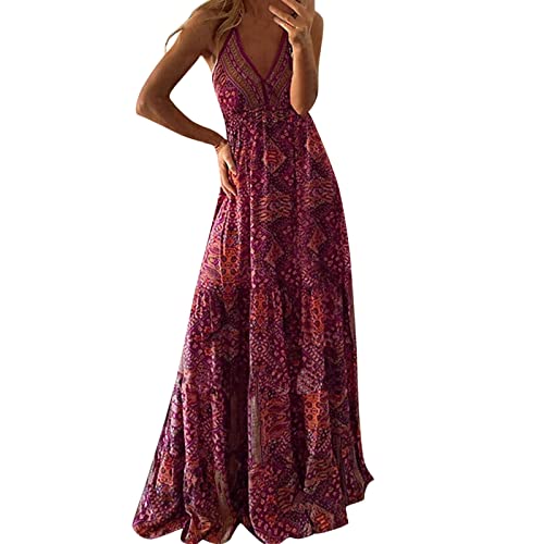 Women's Summer Swing Dress - V Neck Sling Floral Maxi Dress, Sleeveless Bohemian Beach Dress (Wine, Small) | Perfect for Vacations, Beach Parties & Casual Outings