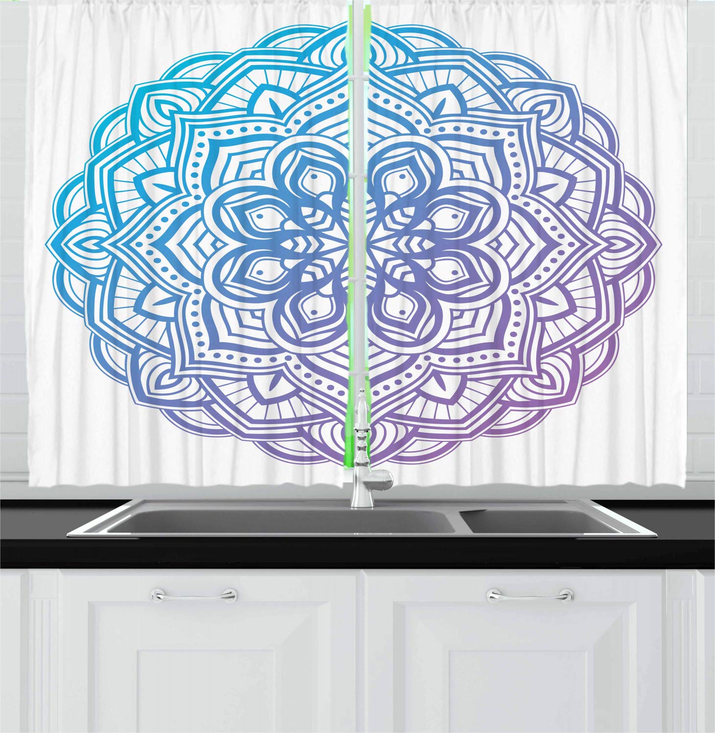 Ambesonne Purple Mandala Kitchen Curtains - Gradient Circular Floral Design on White Background, 2 Panel Window Drapes for Kitchen & Cafe Decor, 55