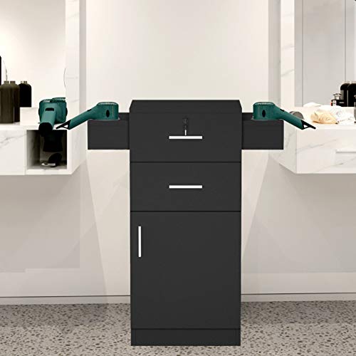 SSLine Beauty Salon Storage Cabinet with Hair Dryer Holders - Lockable Styling Station & Trolley for Barber & Spa - 2 Drawers & 1 Cabinet (Black) - Perfect for Salon Organization & Stylist Equipment Storage