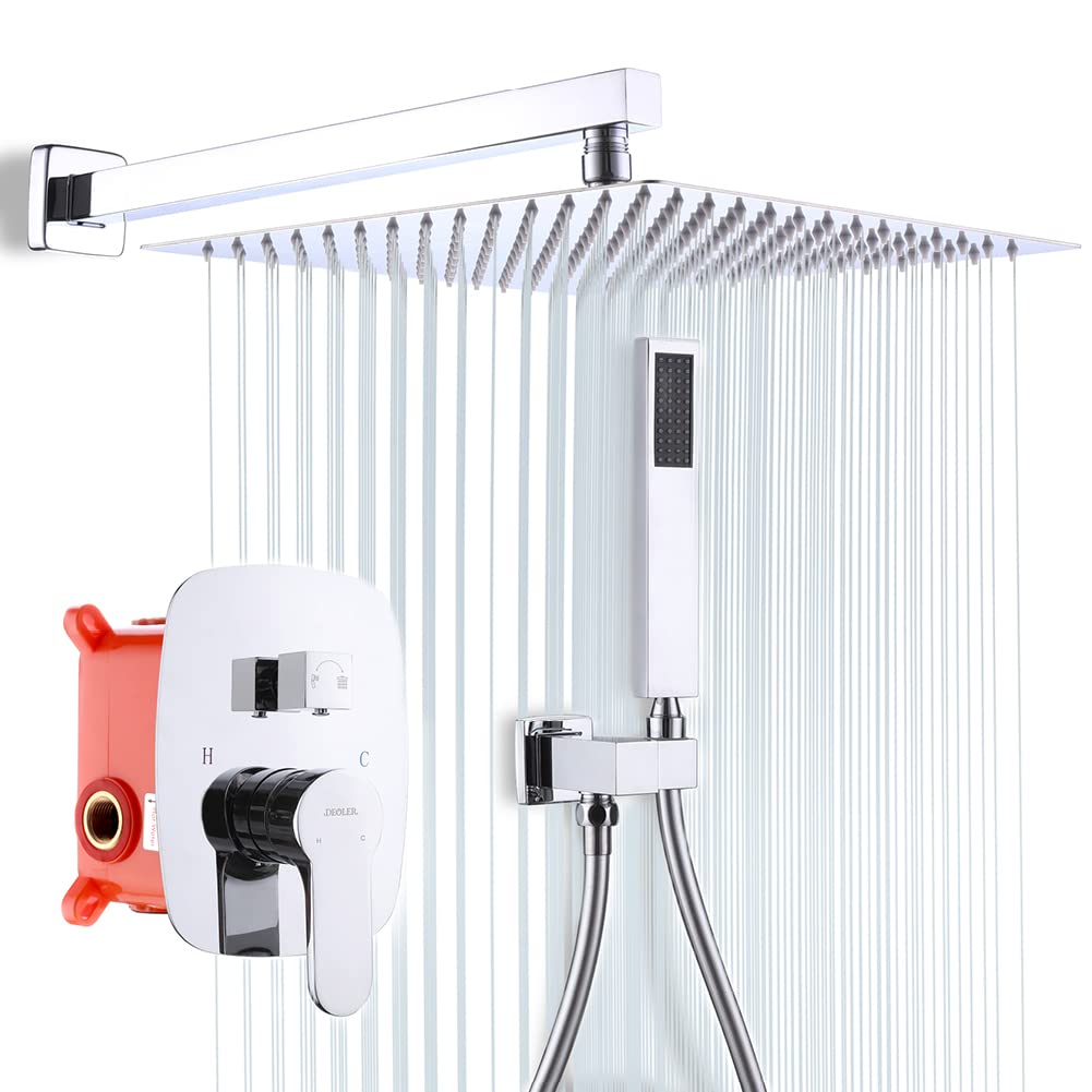 DEOLER 12 Inch Wall Mounted Shower System - Rainfall Shower Head & Handheld Spray Combo Set with CUPC Certificate, Chrome Finish for Bathroom & Spa Experience