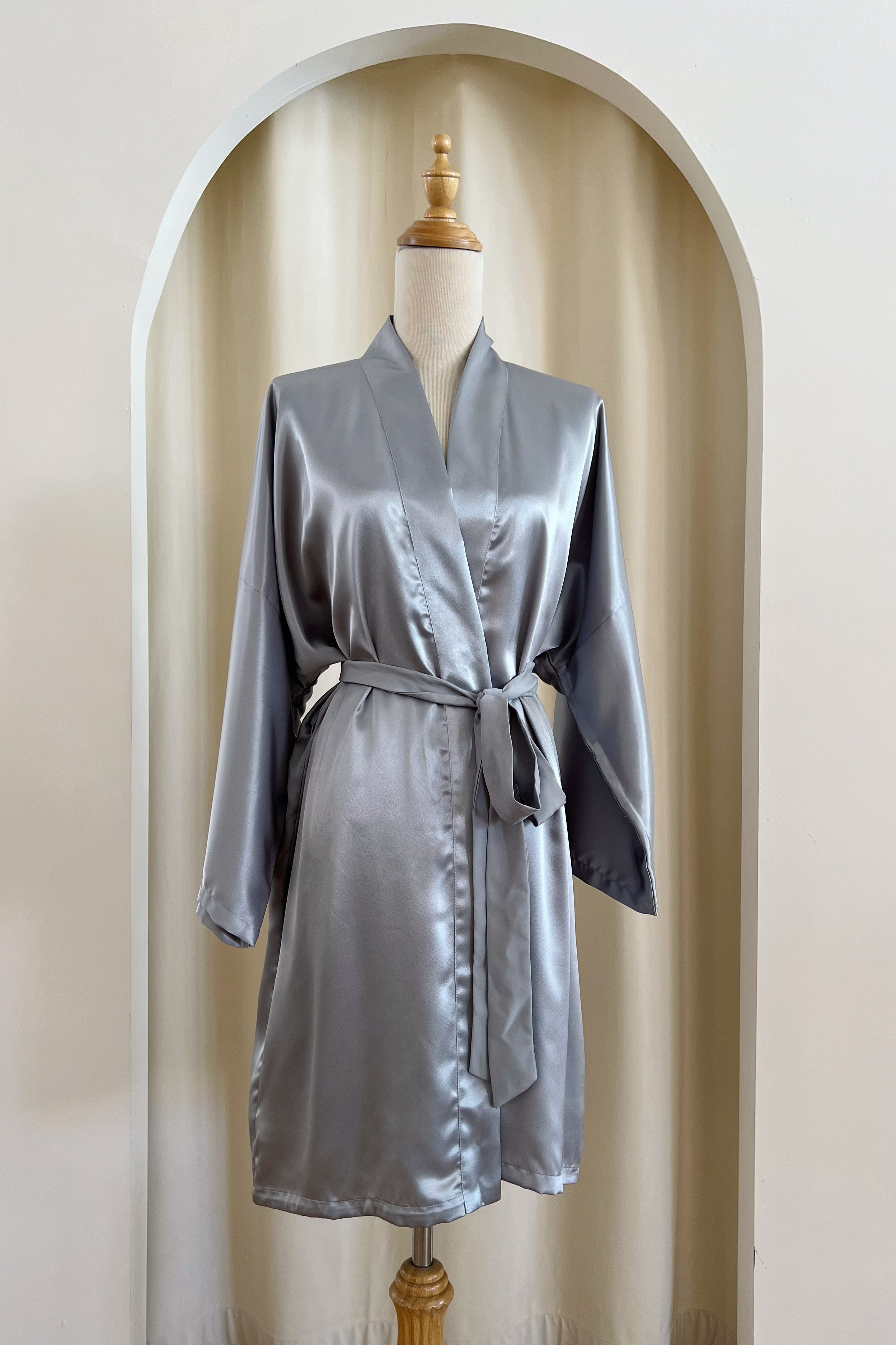 Luxury Classic Silk Robe for Women - Soft Grey Elegant Kimono Style Bathrobe - Perfect for Spa, Bridal Shower, and Relaxing at Home
