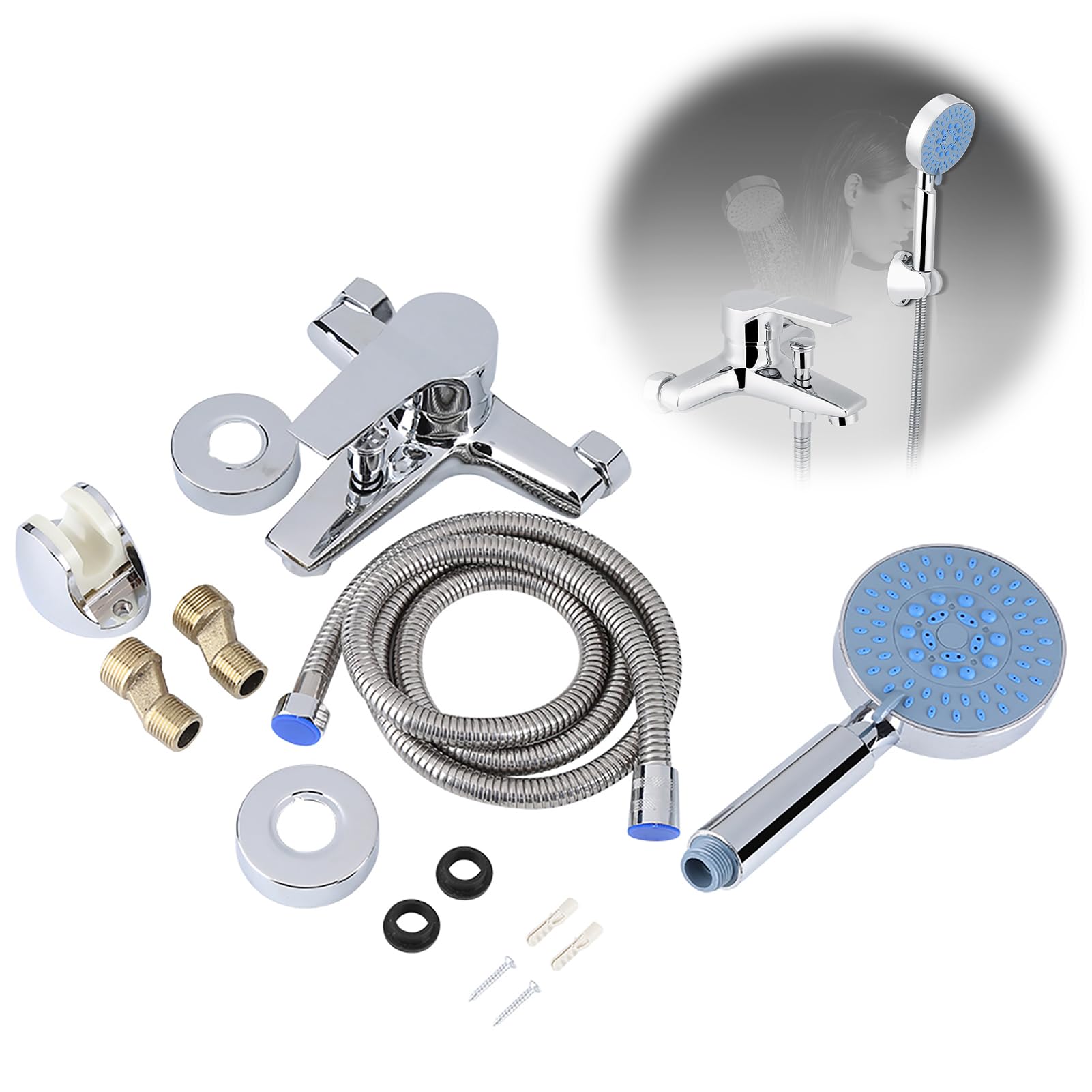 Premium Silver Wall Mount Bathtub Faucet Set with Hand Shower & Sprayer Hose - Complete Shower System for Bathroom Renovation & Spa-Like Experience