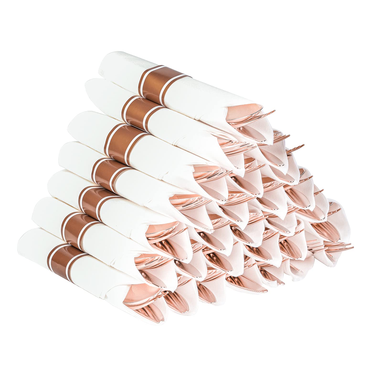 Premium Rose Gold Disposable Cutlery Set - 30 Pack Heavy Duty Plastic Silverware with Napkins (30 Forks, 30 Knives, 30 Spoons) for Wedding, Party & Catering Events - Elegant Table Setting for Special Occasions