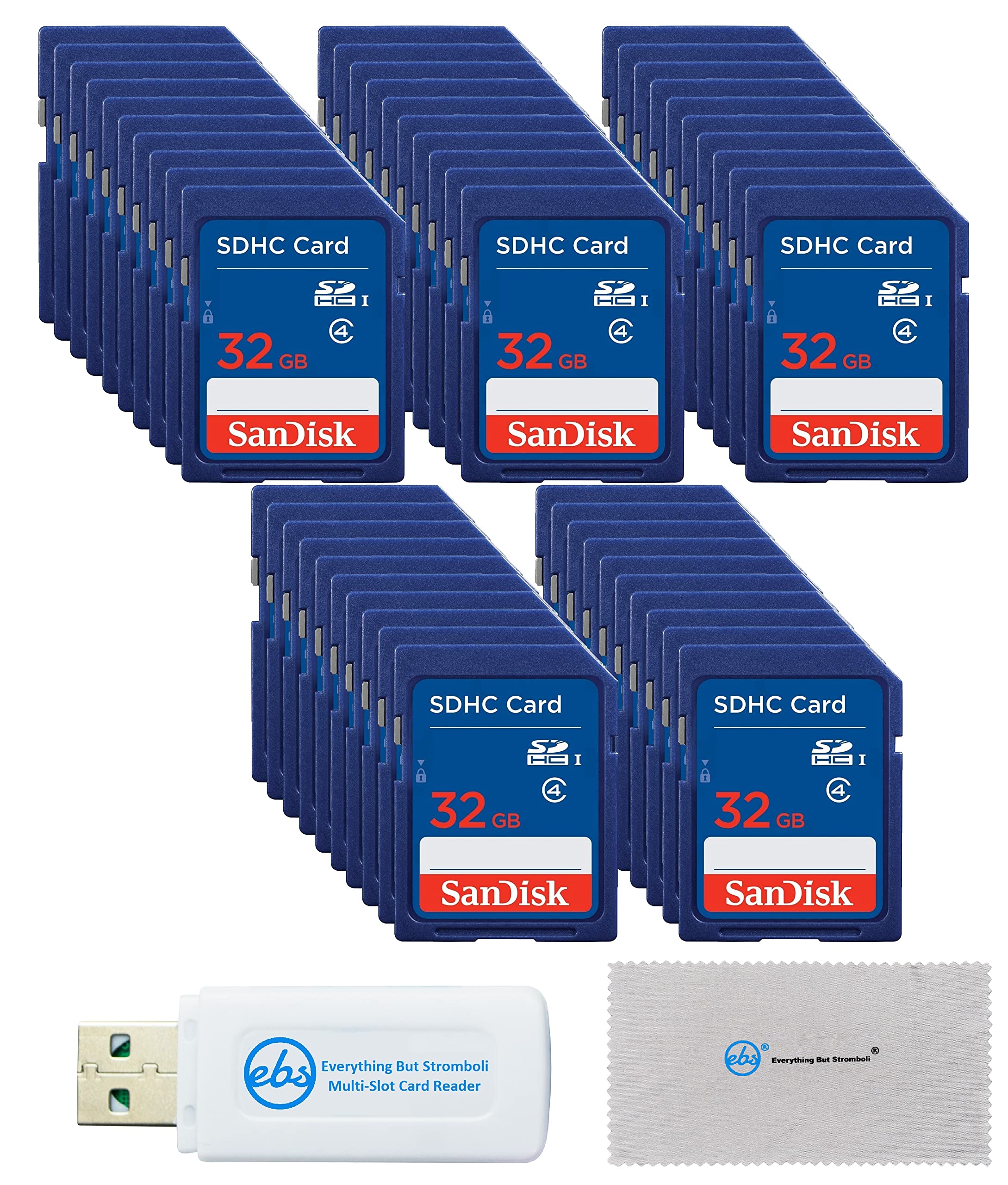 SanDisk 32GB SDHC Memory Card 50-Pack Class 4 (SDSDB-032G-B35) Bundle with Microfiber Cloth & SD Card Reader - Perfect for Digital Cameras, DSLRs, Dash Cams, and Data Storage
