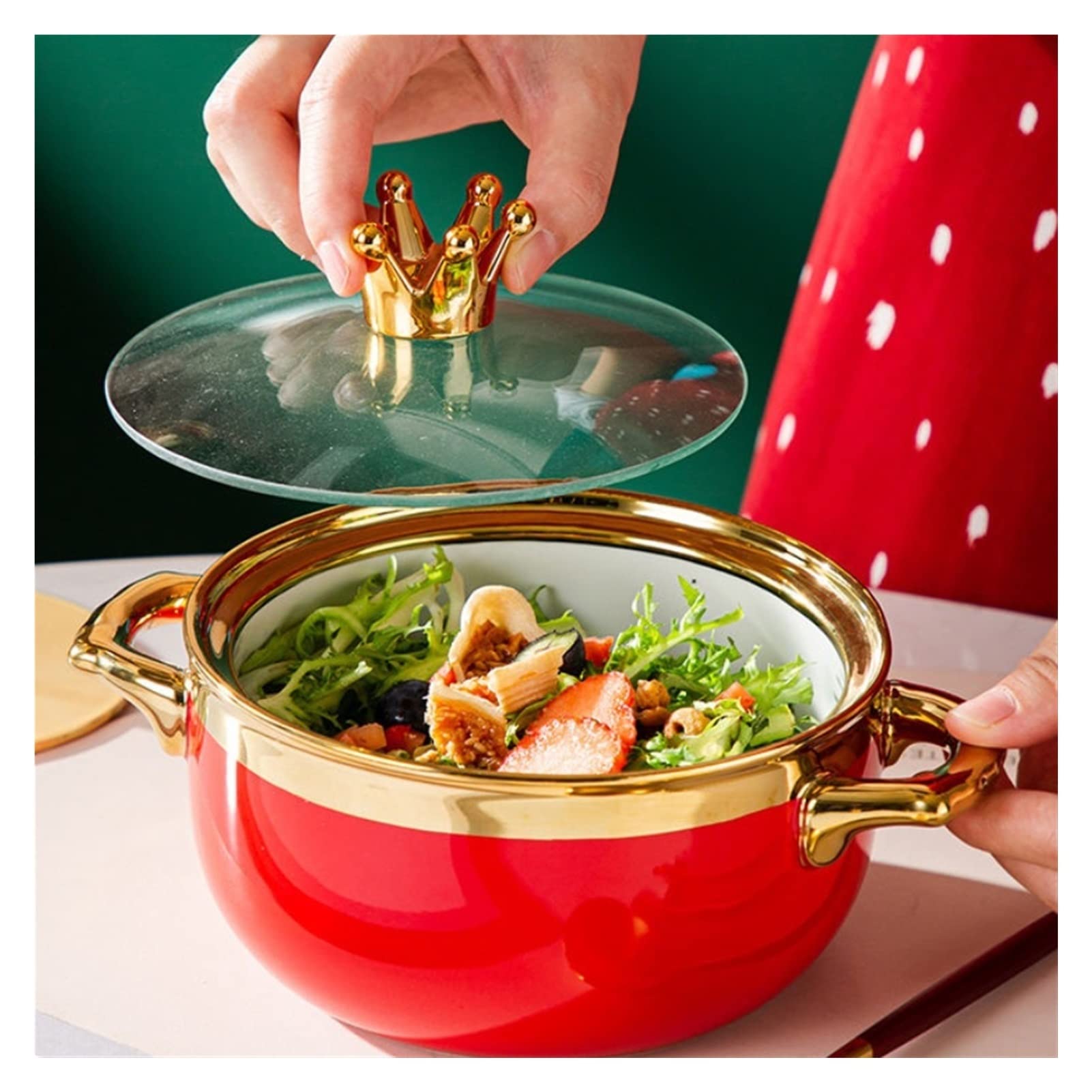 Red Ceramic Bowl with Lid - Microwave Safe Breakfast Cereal, Fruit, Dessert & Soup Bowl - Durable Solid Color Noodle Bowl for Kitchen, Dining & Office Use (One Size)