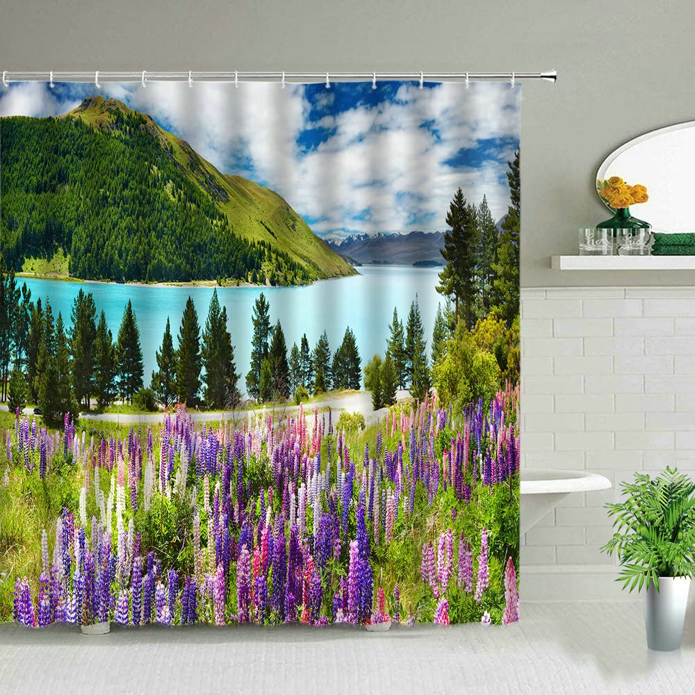 PONERY Heavy Duty Waterproof Polyester Shower Curtain with 12 Hooks - Lavender Flower Design for Bathroom & Shower Stall, 48x72 Inches, Perfect for Modern Home Decor and Spa-Like Bathroom Experience
