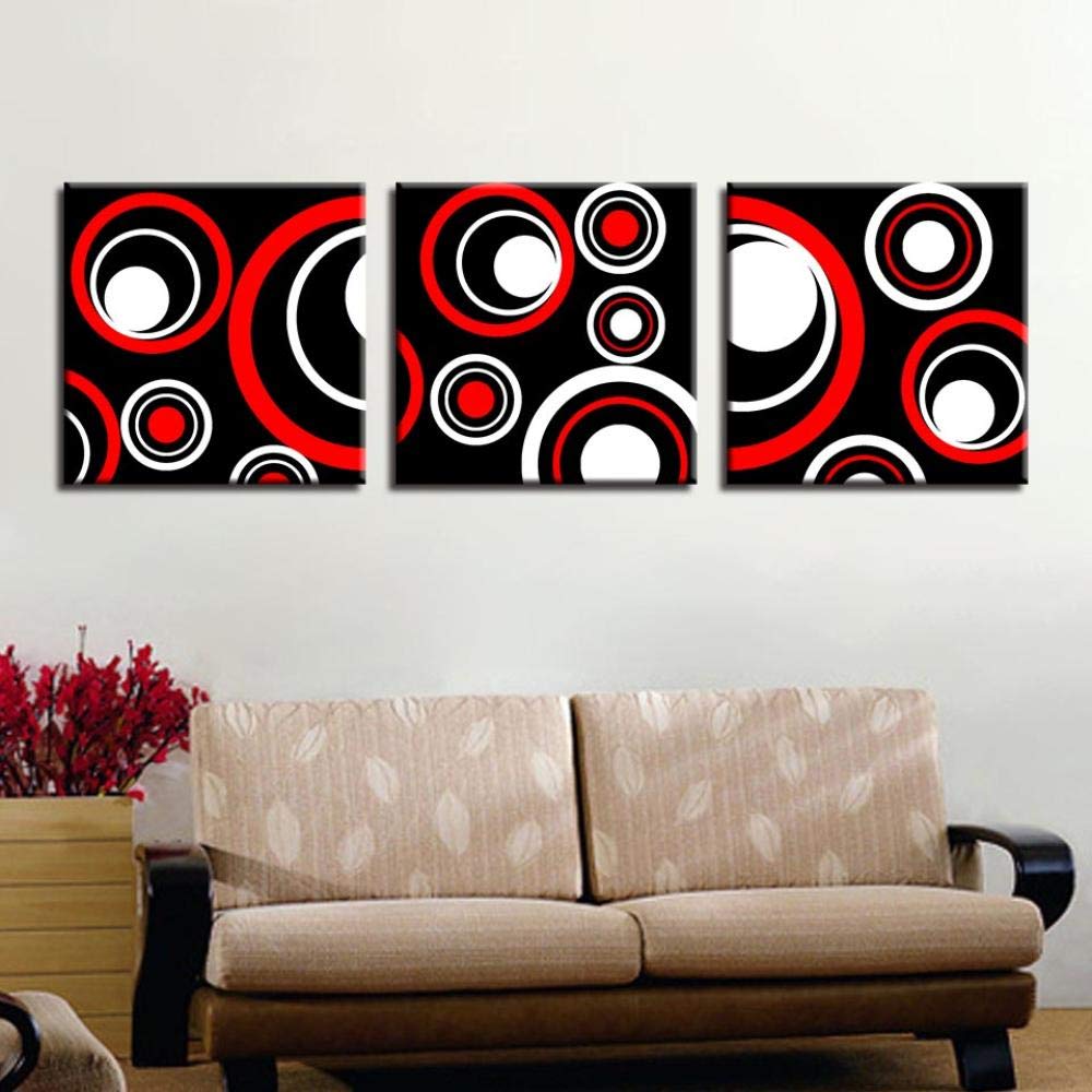 3-Piece European Style Abstract Geometric Canvas Wall Art Prints - Black, Red & White Circle HD Painting Decor for Living Room | Frameless Core, 50cm | Modern Home & Office Decoration