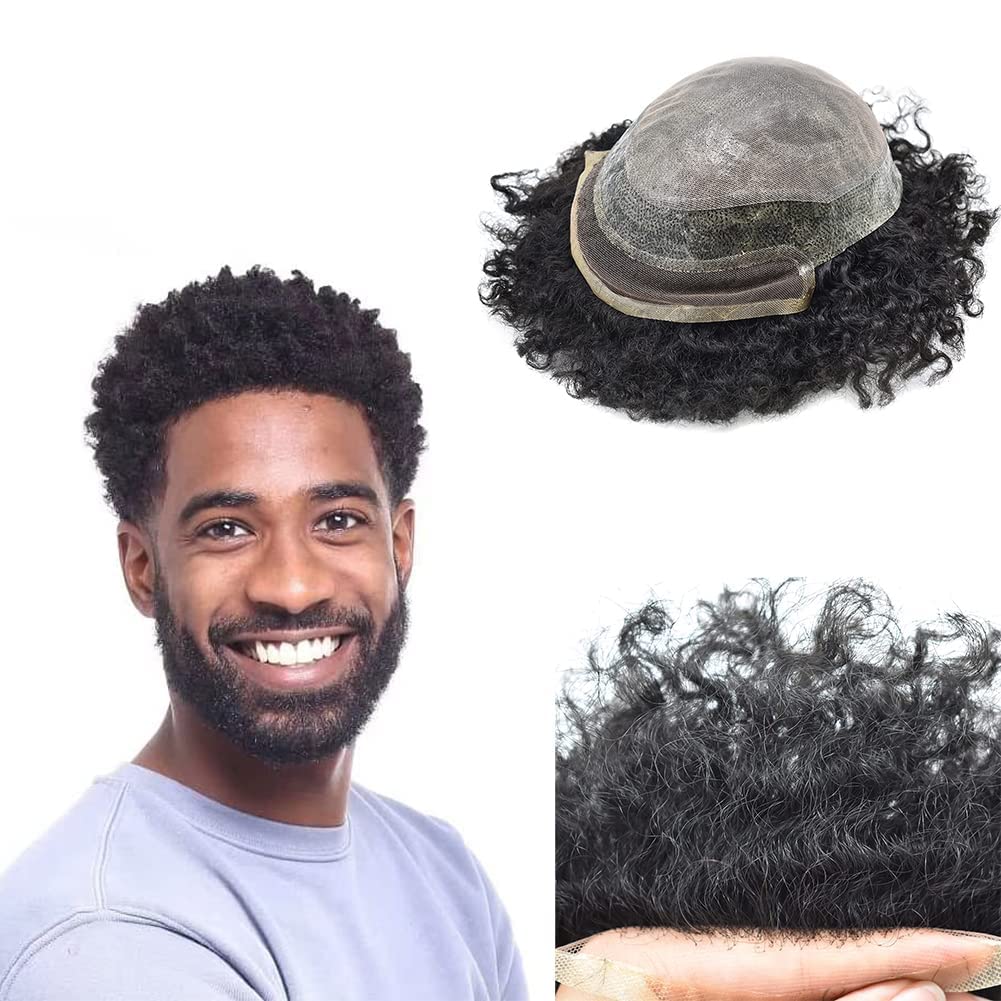 100% Human Hair Afro Toupee for Black Men | Kinky Curly Man Weave Hair System | African American Hairpiece (8