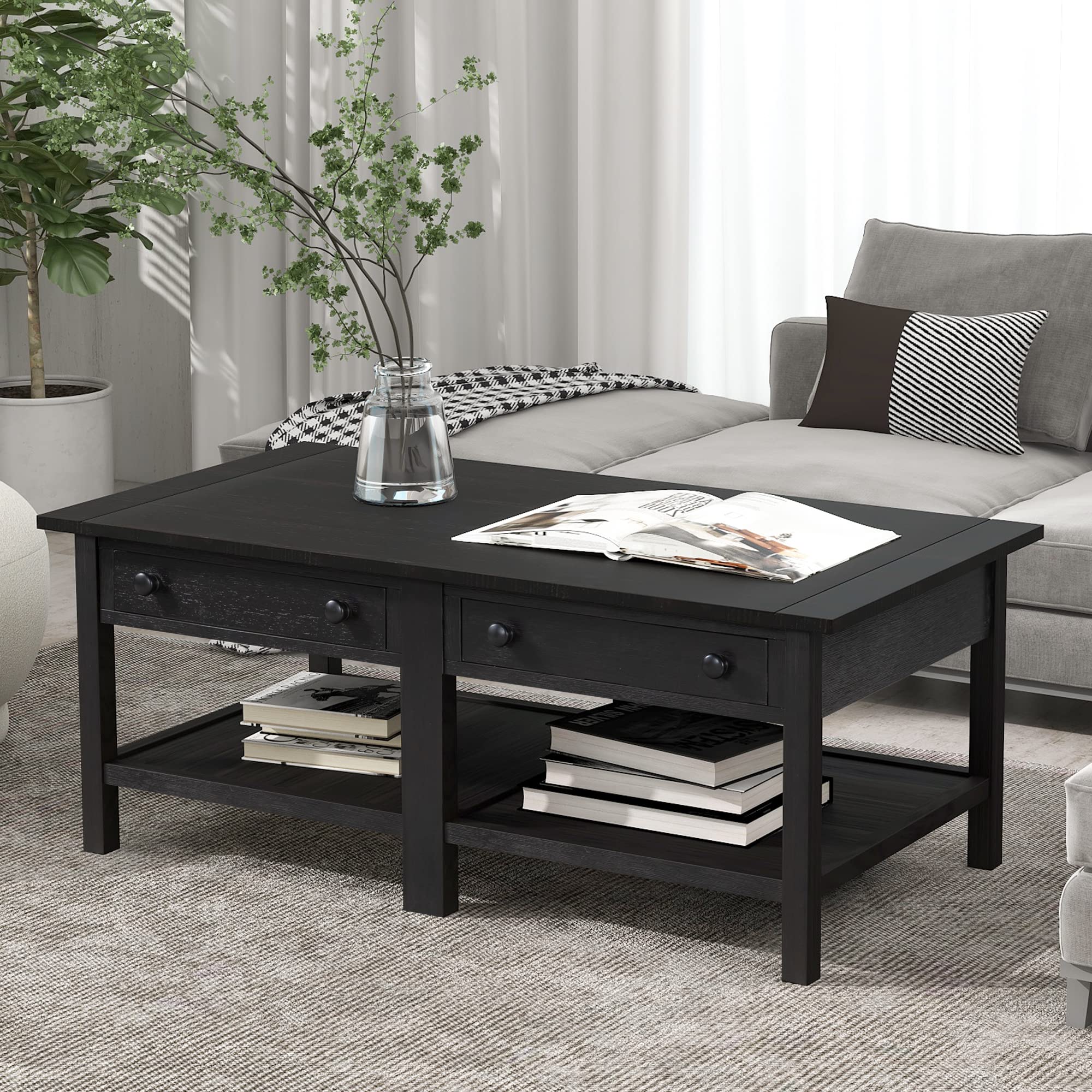 American Classic Wooden Coffee Table with 2 Drawers & Open Shelf - Large Storage Cocktail Table for Living Room, Office, Lounge | Modern Farmhouse & Rustic Home Decor