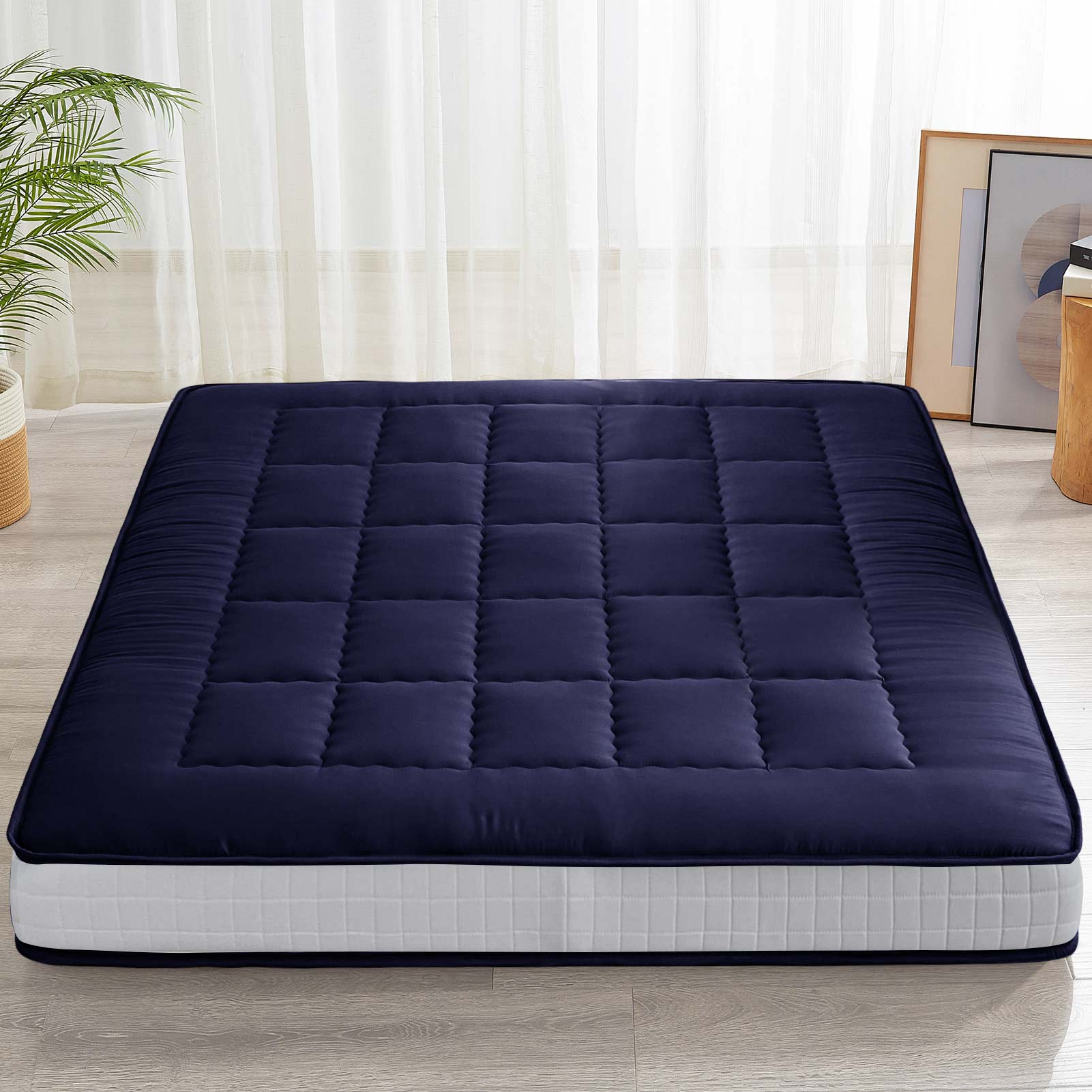 MAXYOYO 6 Extra Thick Japanese Futon Mattress - Rectangle Quilted Floor Bed for Family & Guests, Navy Blue - Perfect for Small Spaces, Guest Rooms & Minimalist Home Decor