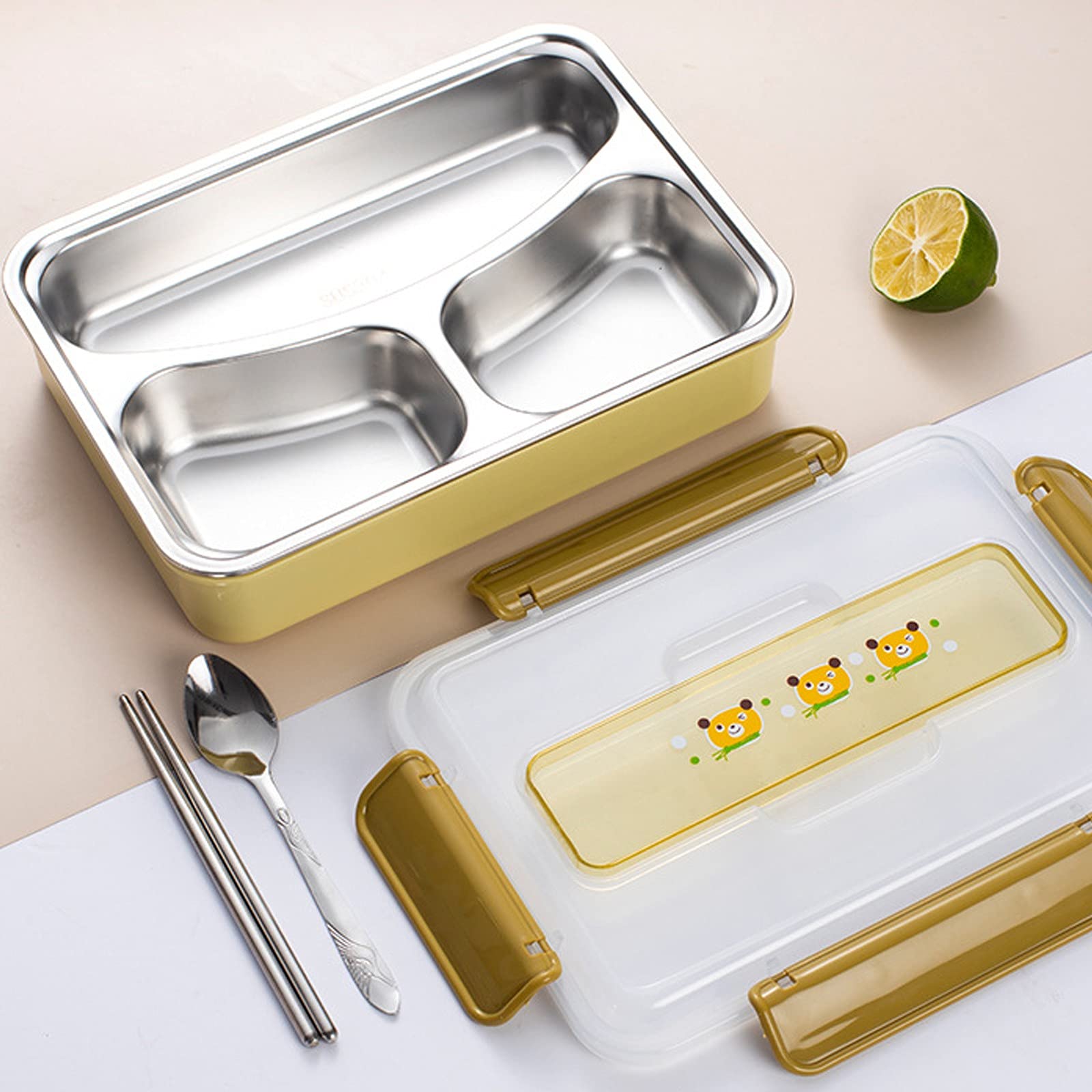 Premium Stainless Steel Lunch Box - Leakproof Bento Box with 3 Compartments, Large Capacity Insulated Food Container for Work, School & Picnics (Yellow) - Ideal for Meal Prep, Office Lunch & Outdoor Activities