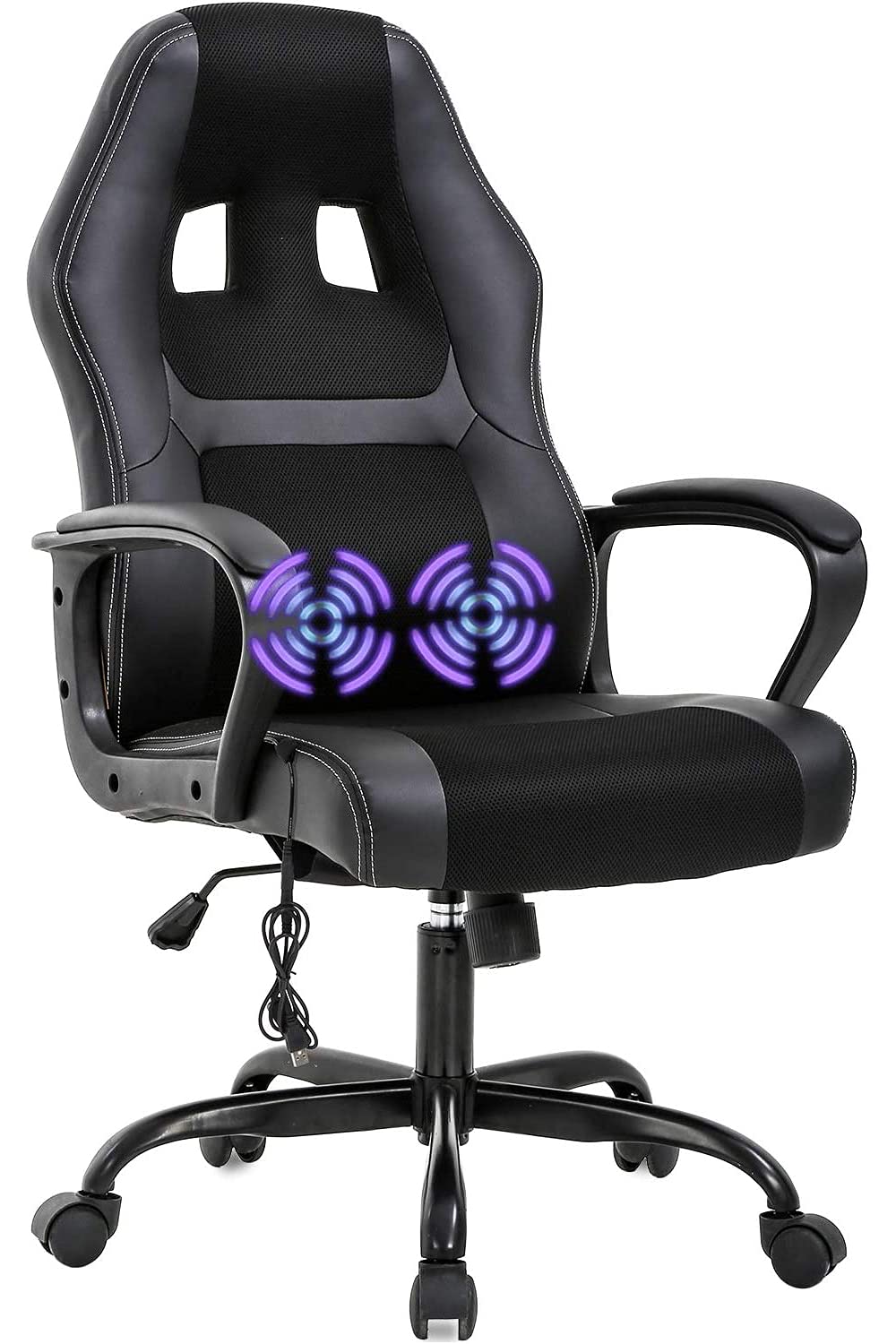 Ergonomic Gaming Chair with Adjustable Backrest & Height - PU Leather Executive Office Desk Chair with Lumbar Support & Massage Function (Black) - Perfect for PC Gaming, Home Office & Workstation Setup
