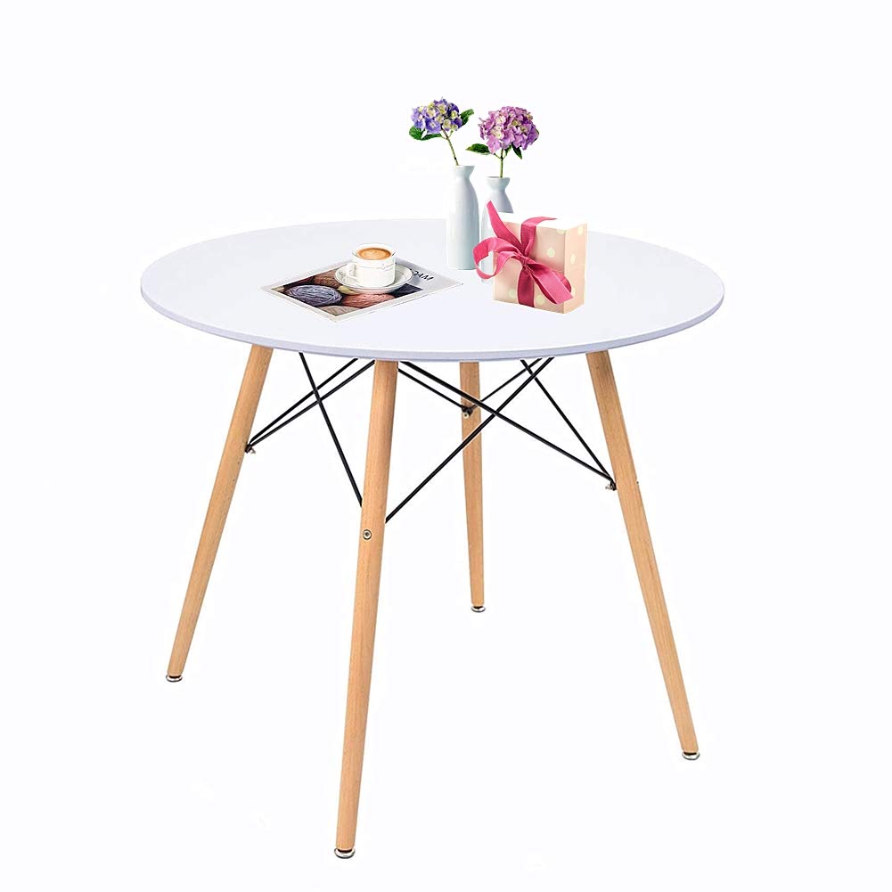 Modern Round White Dining Table with Wooden Legs - Space-Saving Kitchen, Living Room & Office Desk - Perfect for Family Dinners, Home Office & Small Apartments - Stylish Home Decor & Guest Entertaining - Great for Breakfast Nooks, Studio Apartments & Open Floor Plans - Ideal for Dining Rooms, Kitchen Islands, and Small Space Decorating