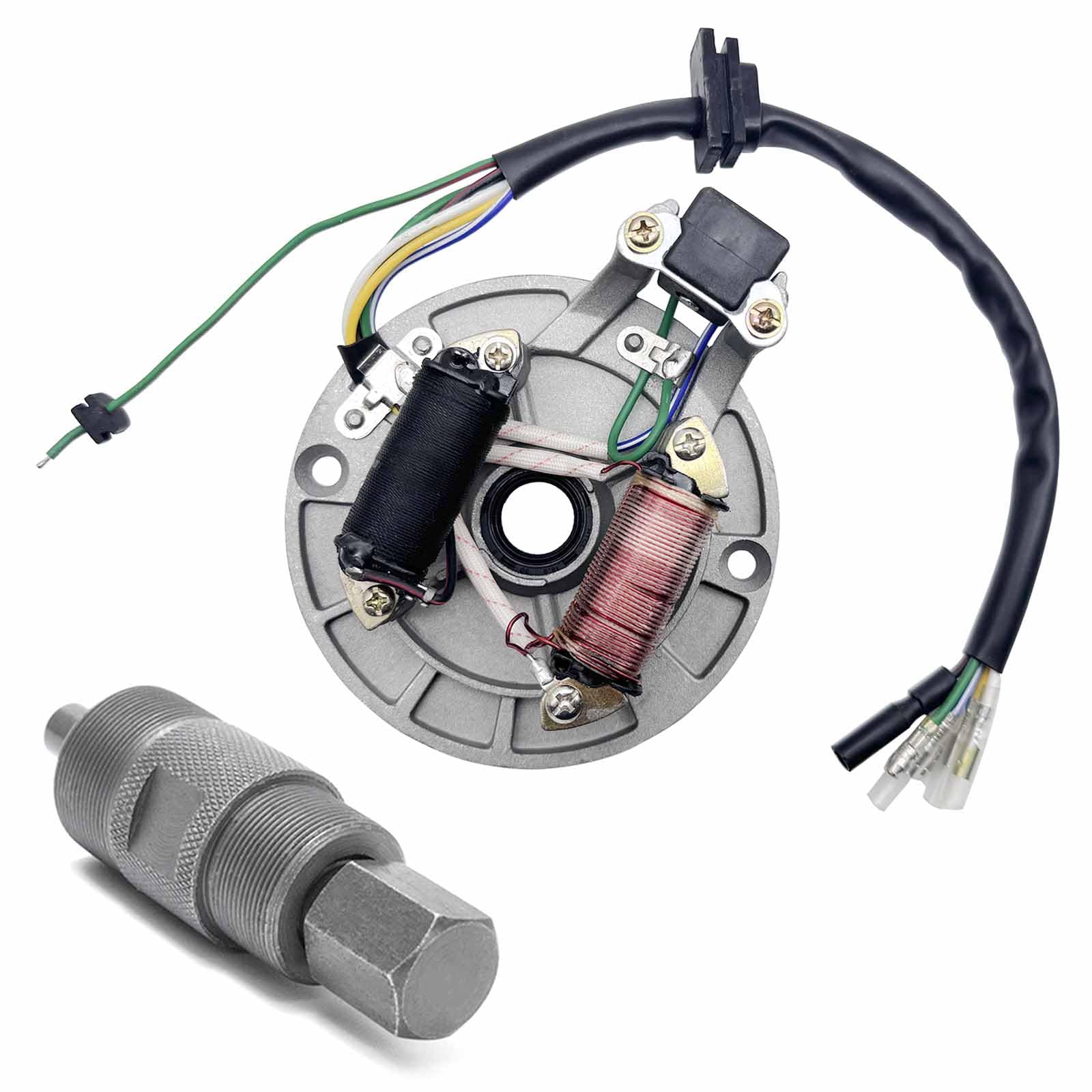 QISF 2 Coil Ignition Magneto Stator Plate for 50cc 70cc 90cc 110cc 125cc ATV Quad Dirt Bike - Compatible with Taotao Kazuma SSR Baja - Includes 24mm & 27mm Magneto Flywheel & GY6 Puller - ATV Scooter Repair Tool for Off-Road Maintenance & Engine Tuning