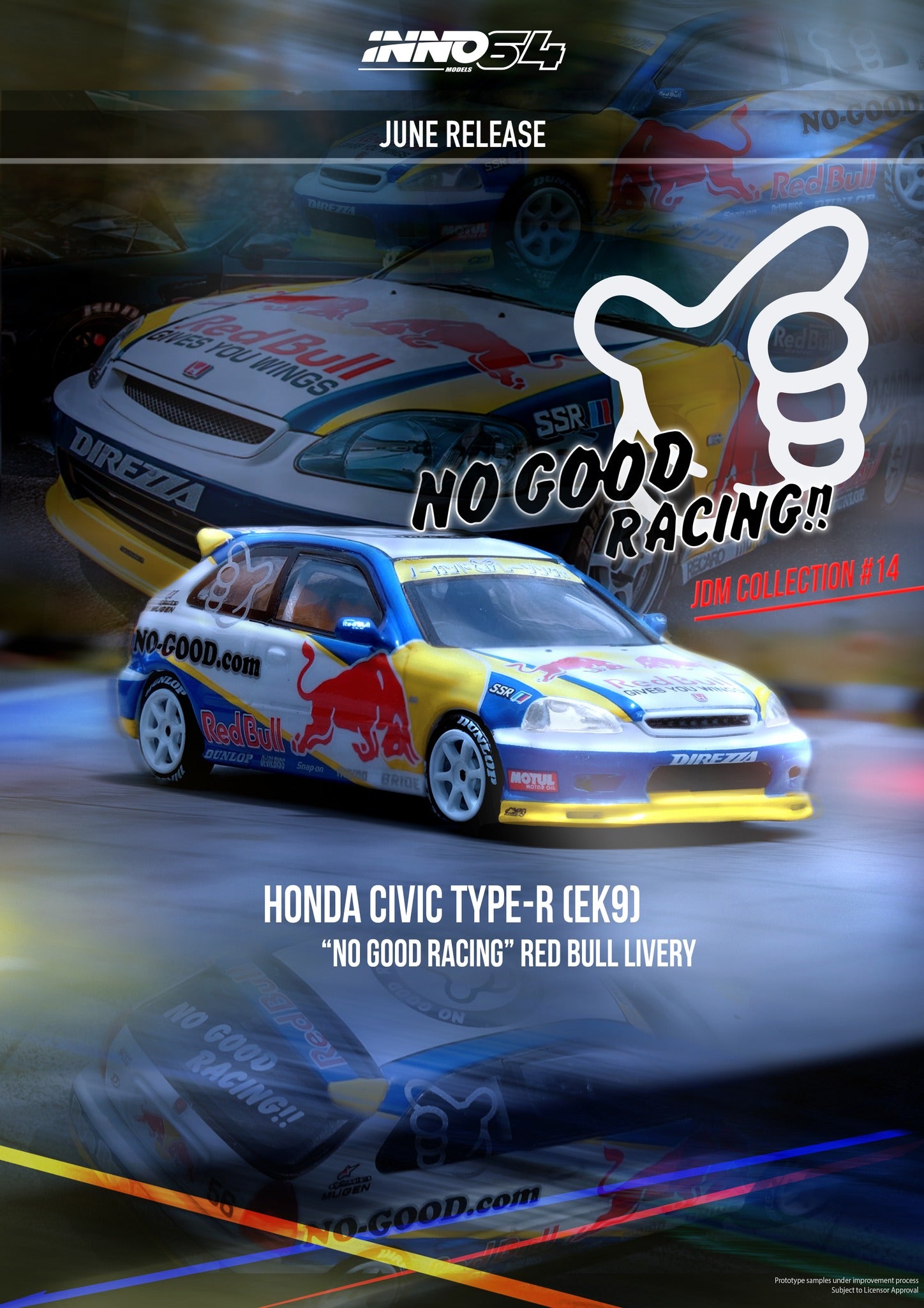 INNO64 1:64 Scale Honda Civic Type R (EK9) Diecast Model Car - Red Bull Racing Livery - Collectible Miniature Vehicle for Display, Racing Enthusiasts & Car Lovers