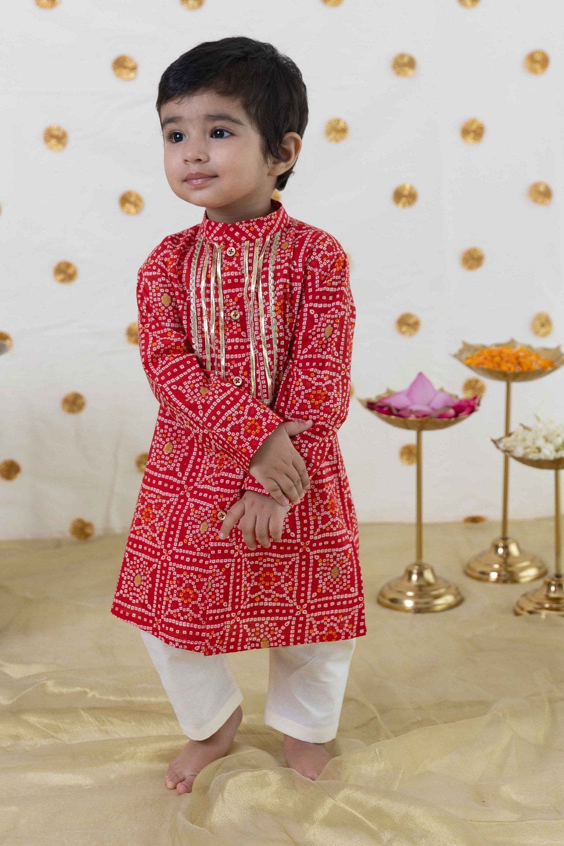 Baby Boy Bandhani Print Cotton Kurta Set - Red Ethnic Indian Outfit for Festivals & Special Occasions