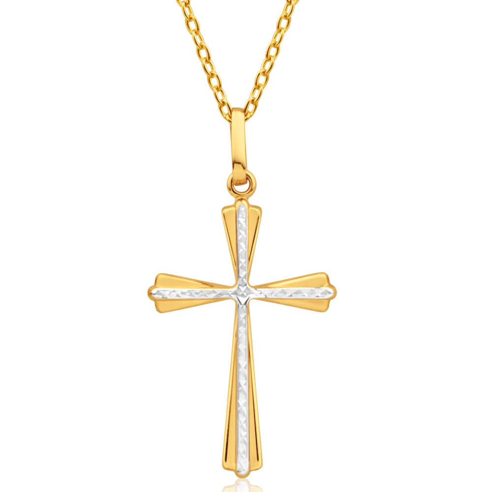 9ct Yellow and White Two-Tone Gold Cross Pendant Necklace for Women - Elegant Religious Jewelry Gift for Baptism, Confirmation & Everyday Wear