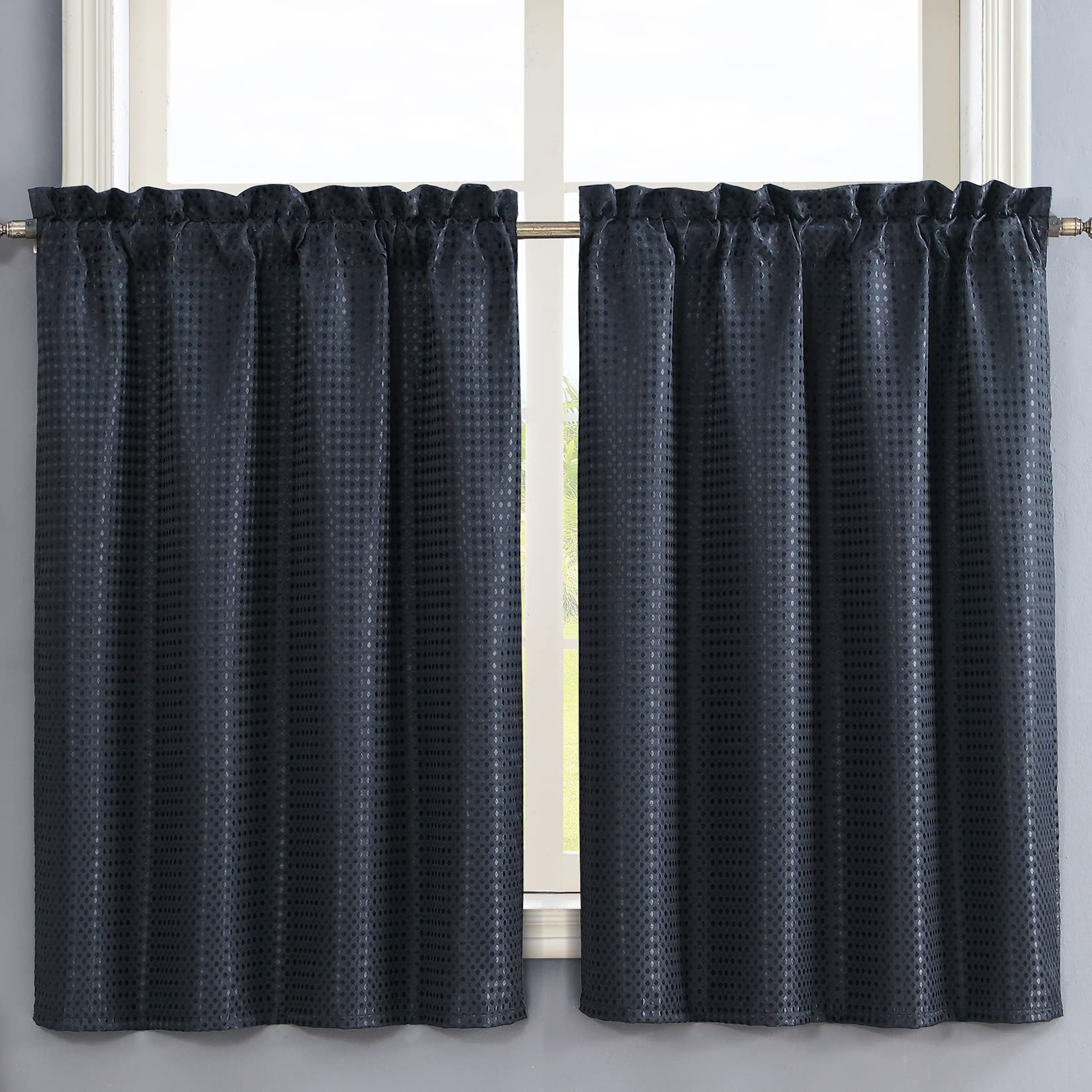 Home Queen Waterproof Bathroom Window Curtains - Waffle Textured Kitchen Drapes, 2 Panels (36x45 Inches, Black) - Perfect for Bathroom Privacy & Stylish Kitchen Decor