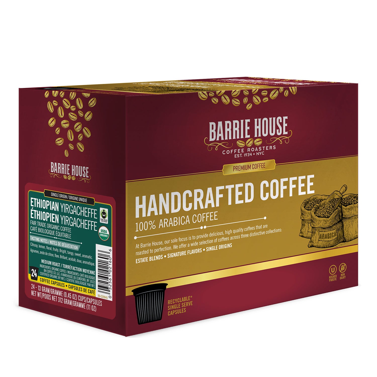 Barrie House Ethiopian Yirgacheffe Single Serve Coffee Pods - 24 Count, Medium Roast, 100% Arabica, Floral & Citrus Notes - Perfect for Keurig Machines, Office Break Rooms & Home Morning Brews
