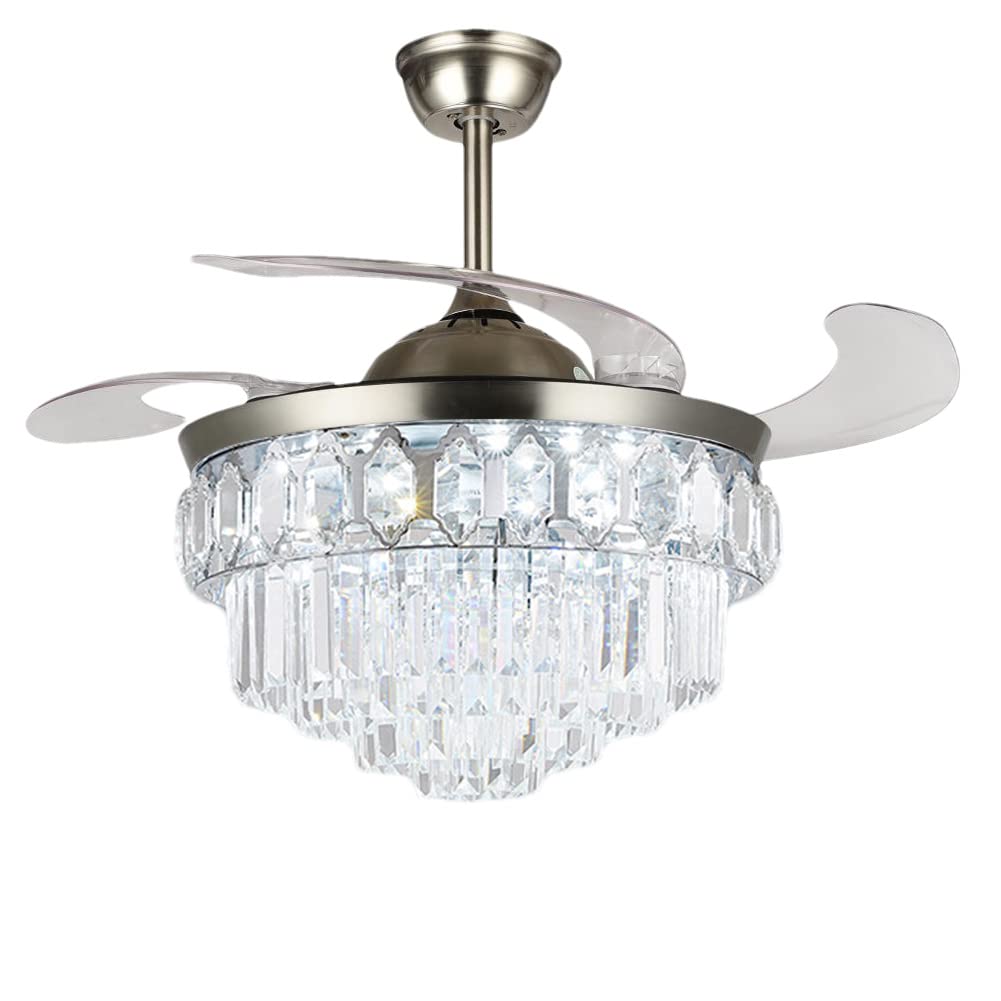 KPIBEST 42 Inch Crystal Ceiling Fan with Remote Control - 3 Color Changing LED Lights & 3 Speed Settings, Retractable Blades, Modern Fandelier for Living Room, Bedroom, Dining Room | Energy Efficient Cooling & Elegant Lighting Solution