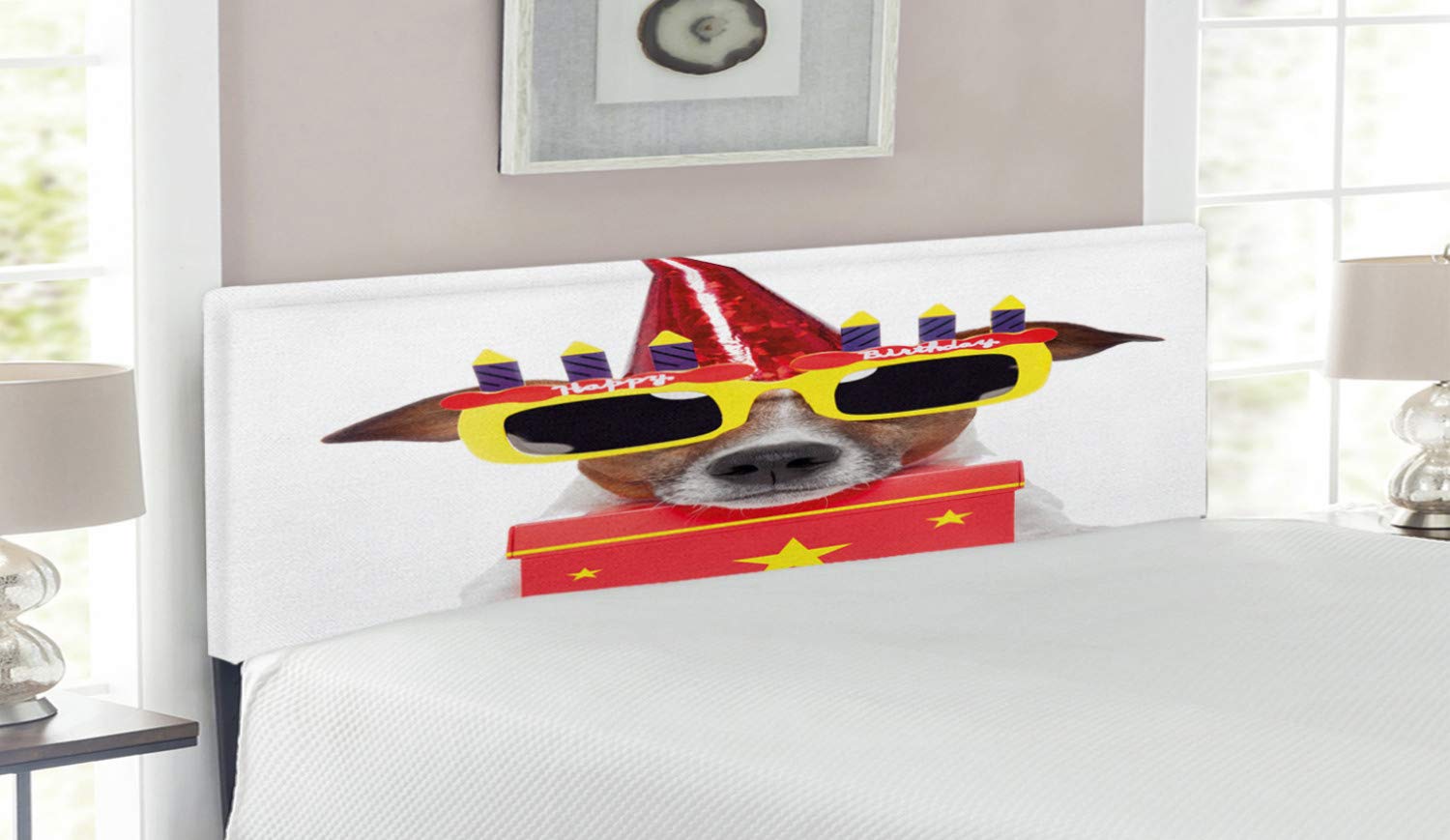 Ambesonne Birthday Party Headboard - Happy Party Dog with Sunglasses & Cone Hat Design - Upholstered Metal Bed Headboard with Memory Foam - Queen Size Yellow & Red - Perfect for Birthday Decorations & Dog Lover Bedrooms