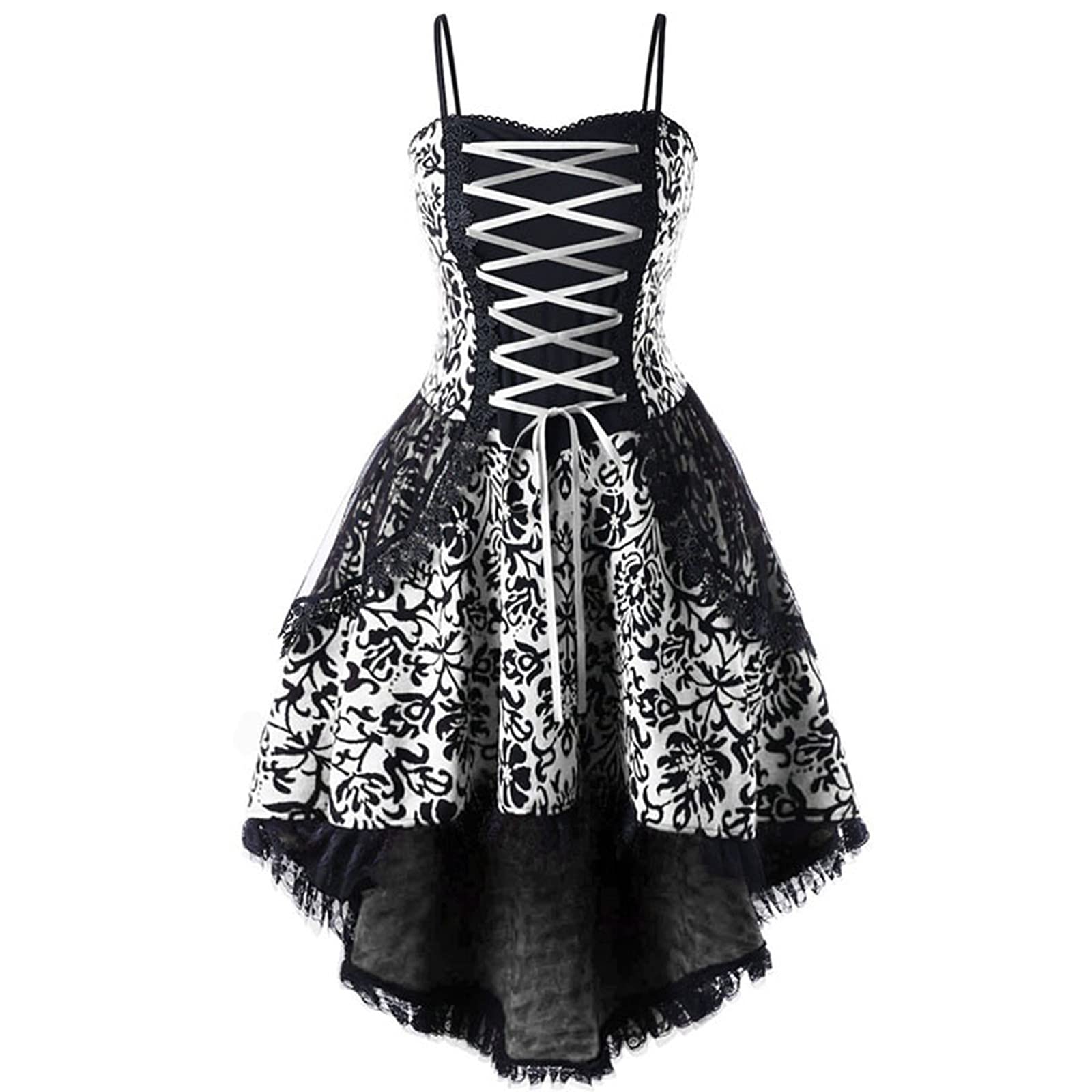 Sexy Gothic Lace-Up Halloween Costume for Women - Black Steampunk Dress with Spaghetti Straps & High-Low Hem | Perfect for Halloween Parties, Cosplay & Gothic Fashion