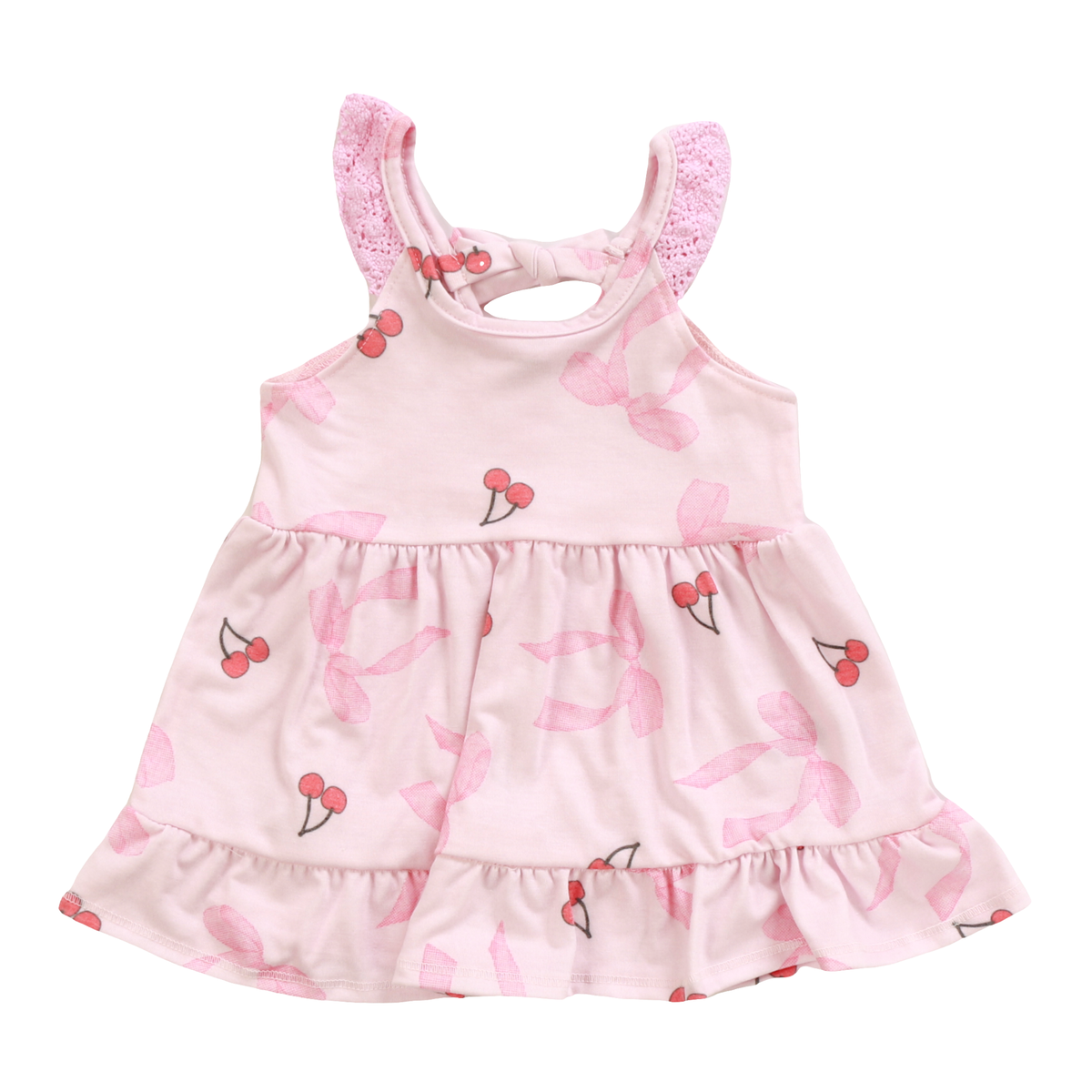 Elegant Cozii Tiered Dress with Crochet Sleeves - Floral Bow & Cherry Print - Perfect for Summer Weddings & Garden Parties